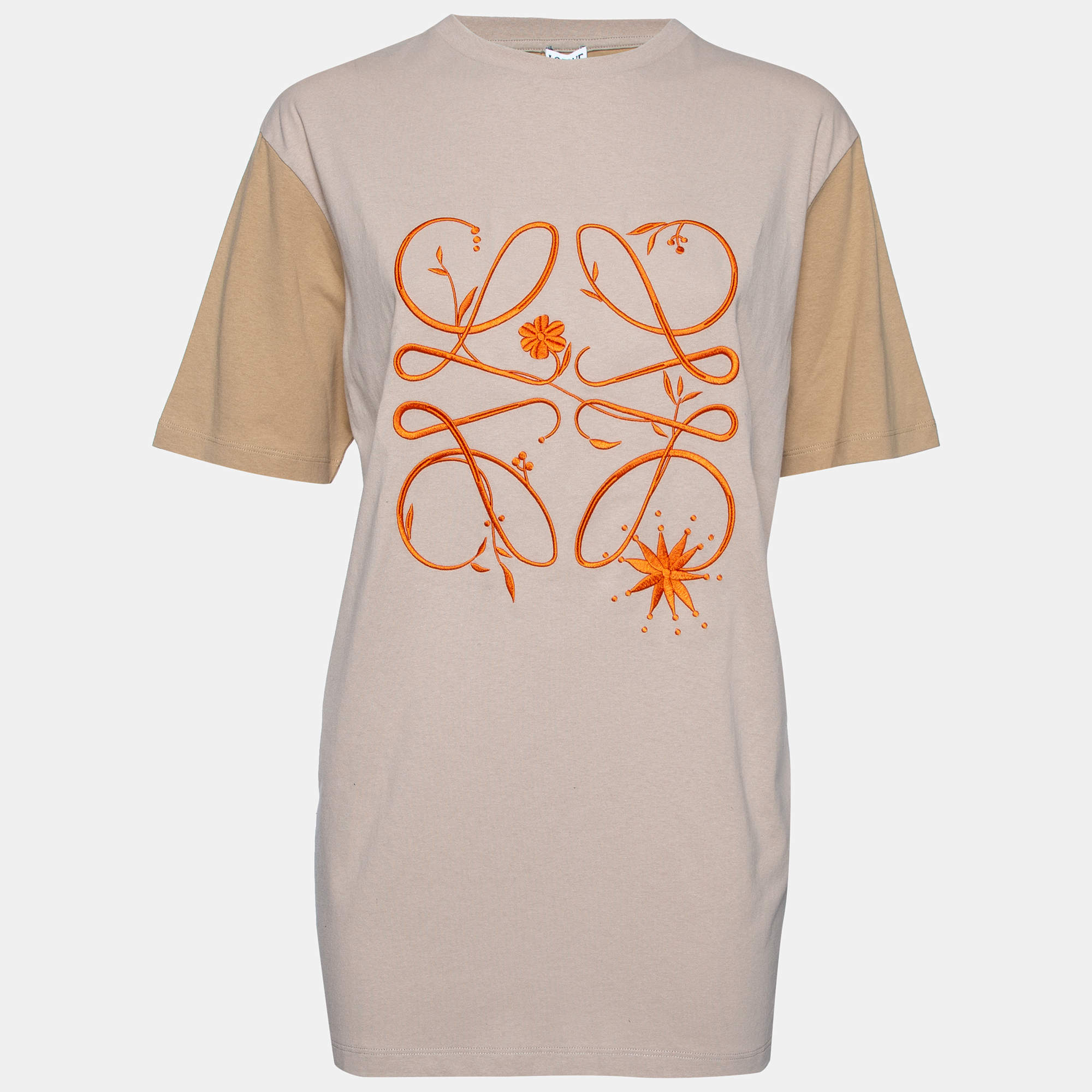 Pre Owned Loewe Beige Cotton Boyfriend Anagram Embroidered Oversized T-Shirt S