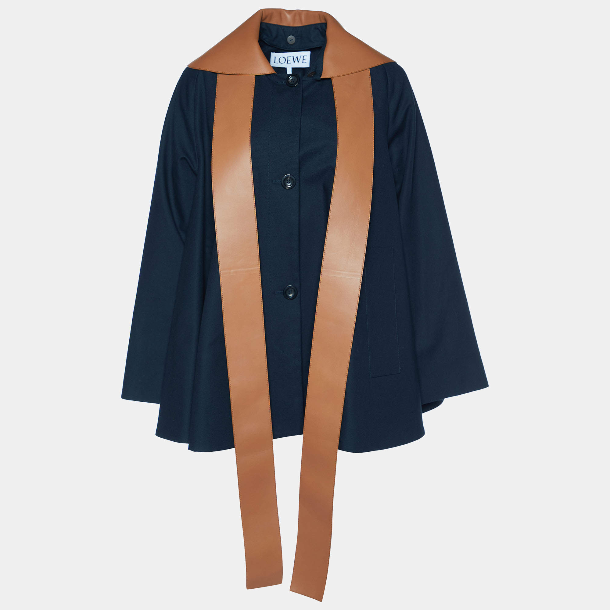 Loewe Navy Blue Cotton & Leather Collar Cape Jacket S