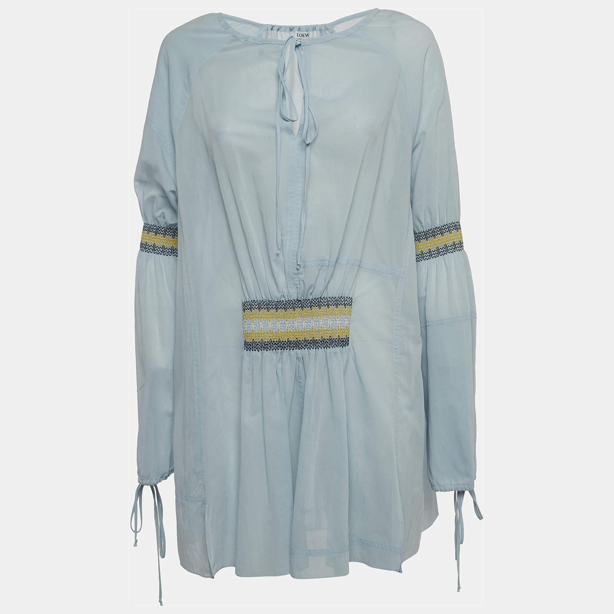 Loewe Blue Cotton Blend Smocked Detail Tie-Up Neck Mini Dress S