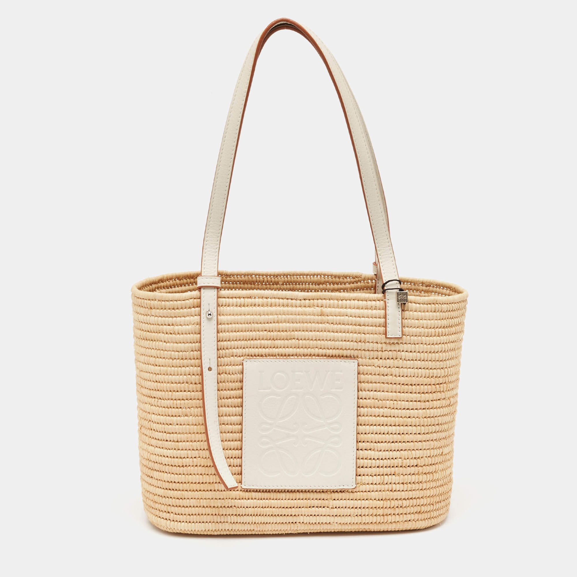 Loewe White/Natural Raffia and Leather Small Square Basket Tote