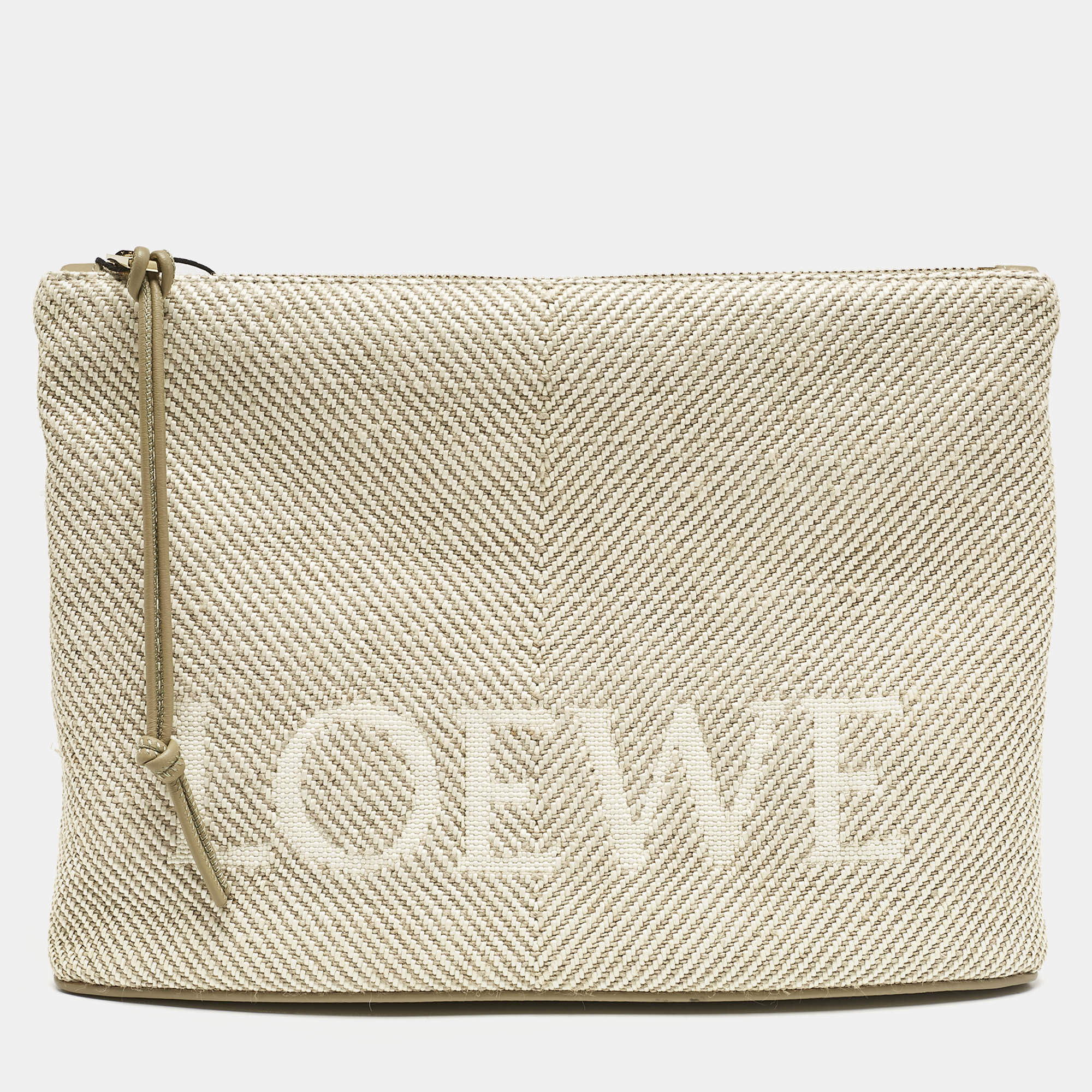 Pre Owned Loewe Beige Jacquard Canvas Oblong Pouch