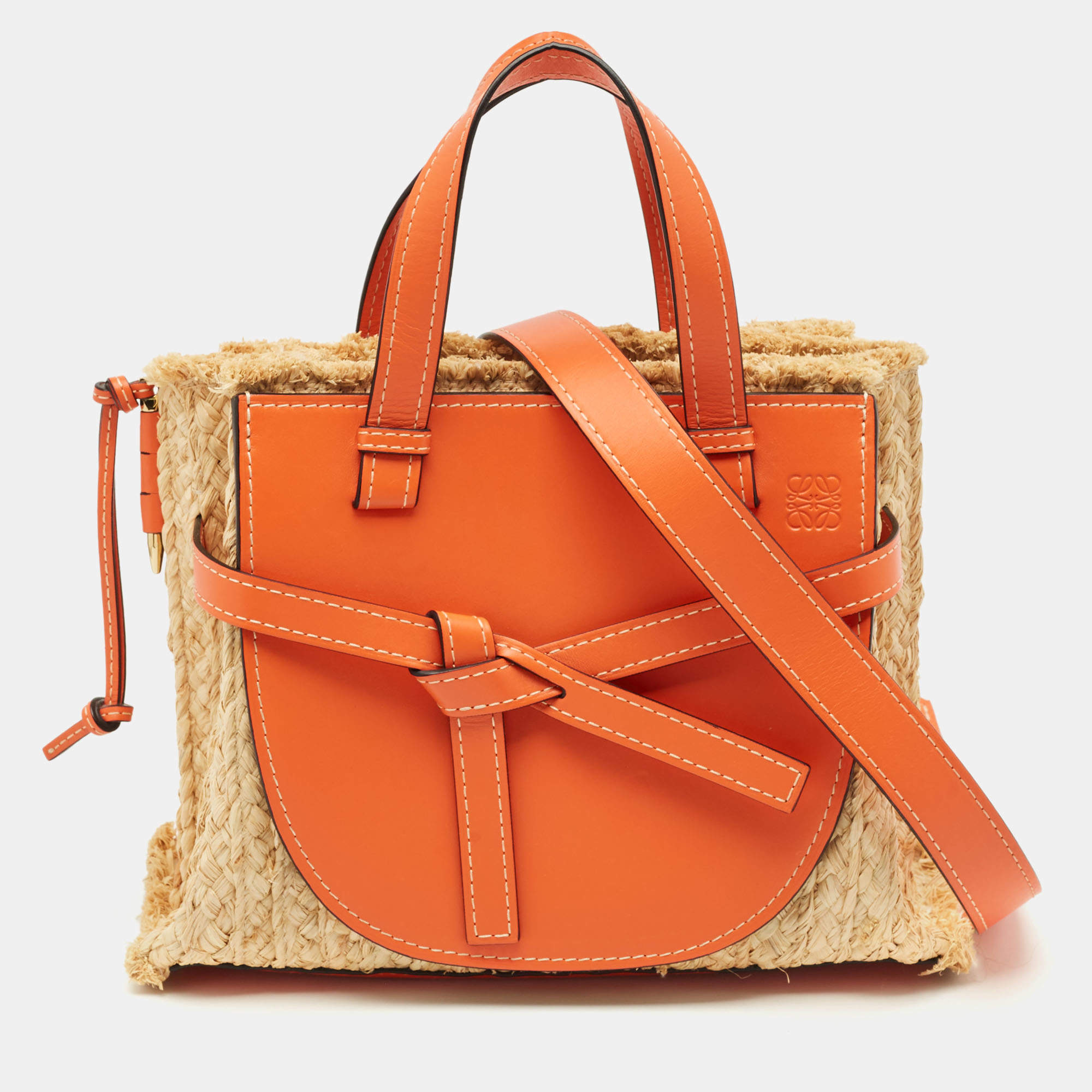 مملوكة مسبقًا Loewe Orange/Natural Raffia and Leather Medium Gate Tote