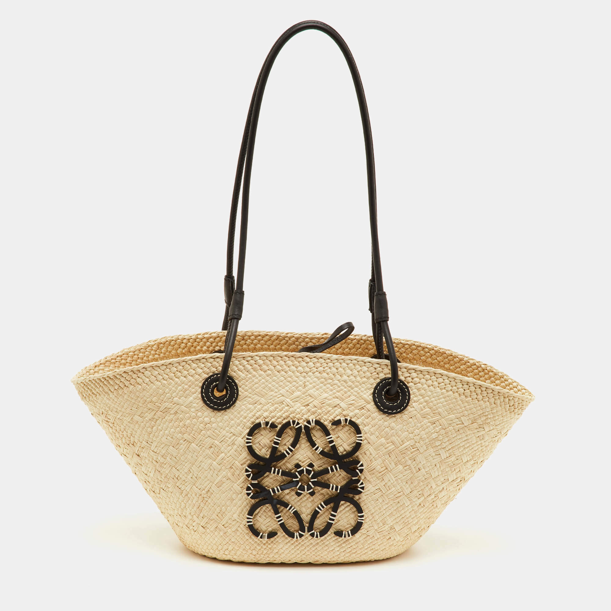 Pre Owned Loewe Anagram Small Beige/Black Raffia and Leather Beach Bag