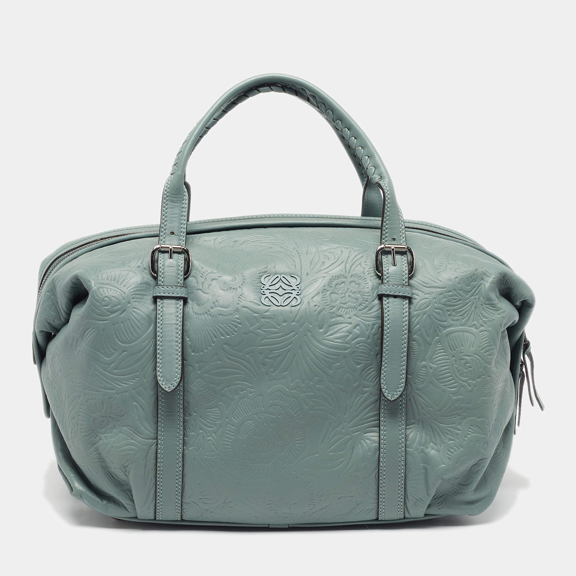 Pre Owned Loewe Canela 35 Mint Green Embossed Leather Satchel