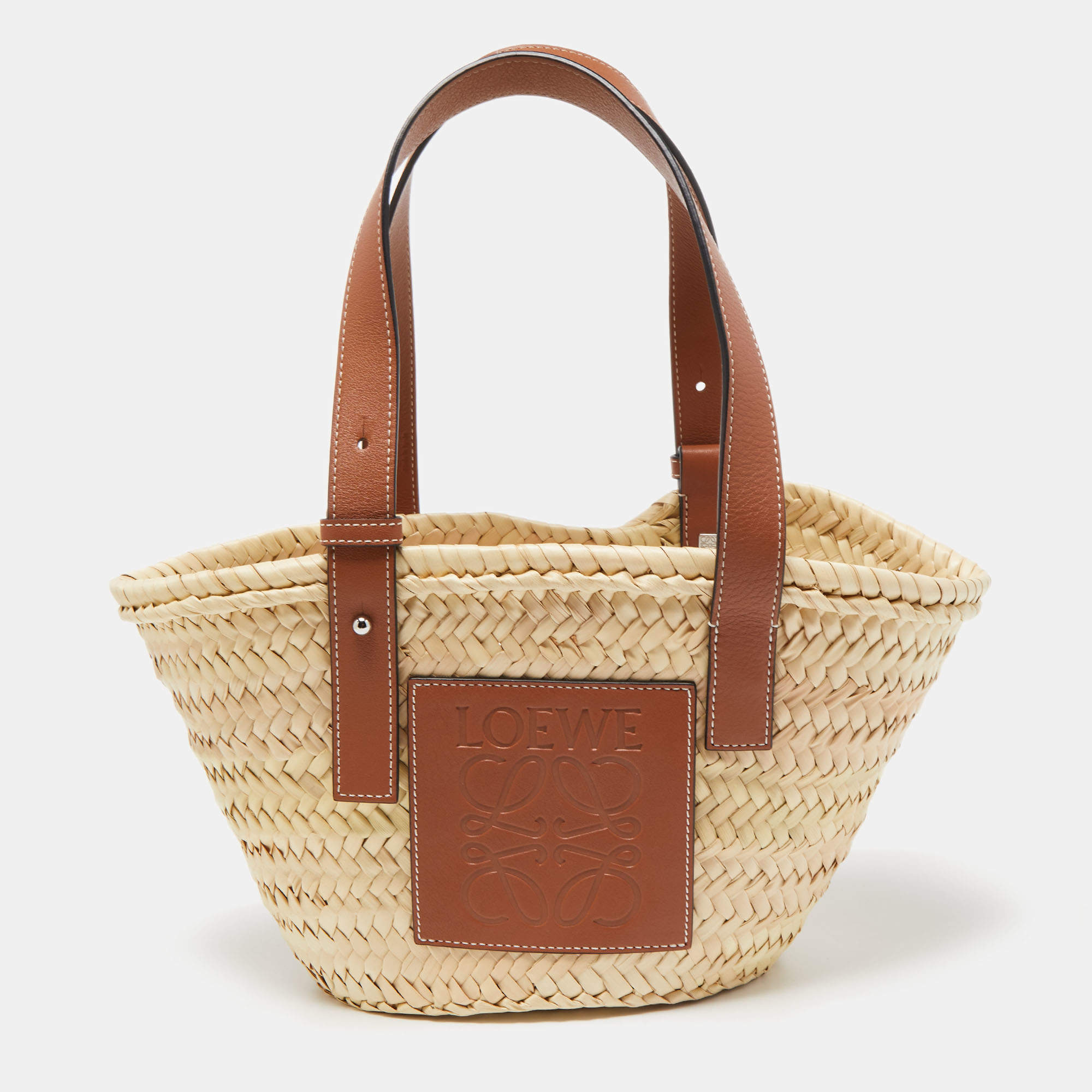 Pre Owned Loewe Brown/Natural Raffia and Leather Small Basket Tote
