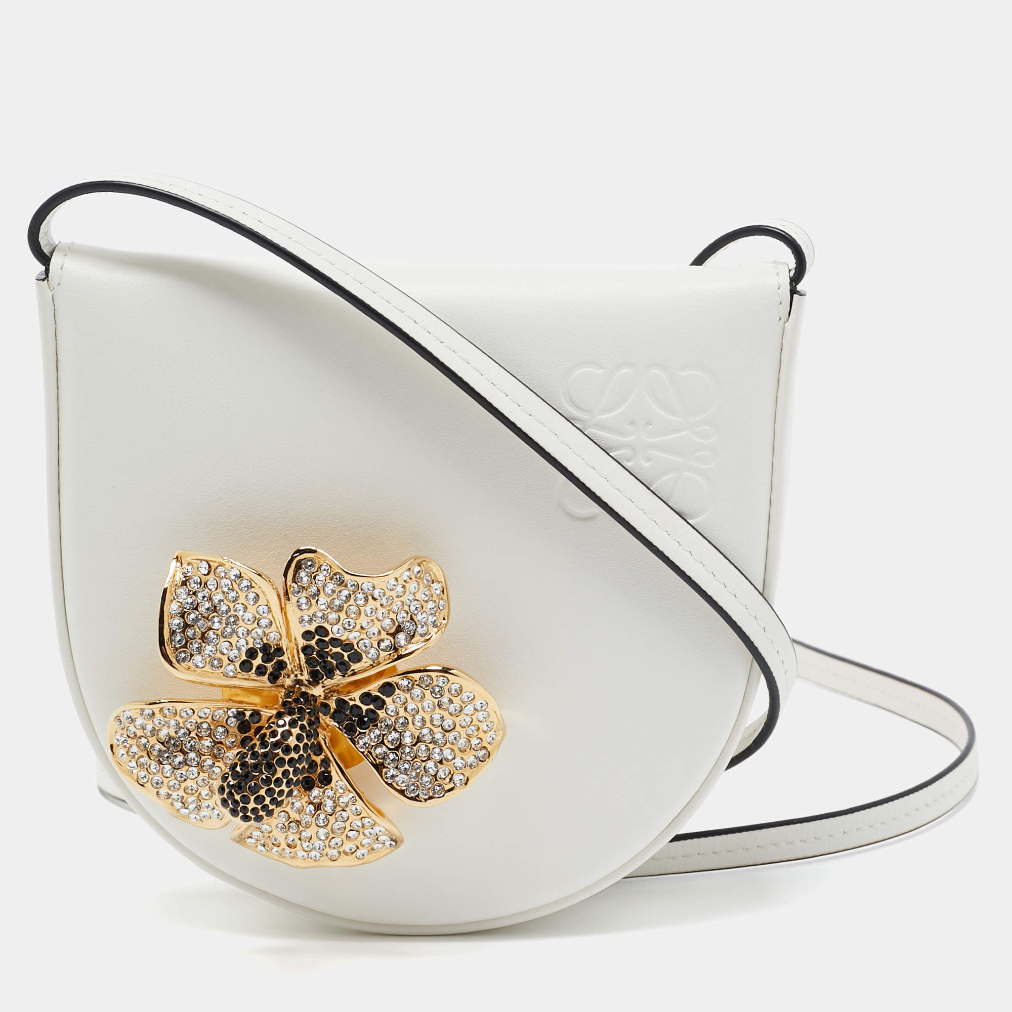 Pre Owned Loewe White Leather Small Crystal Flower Heel Pouch