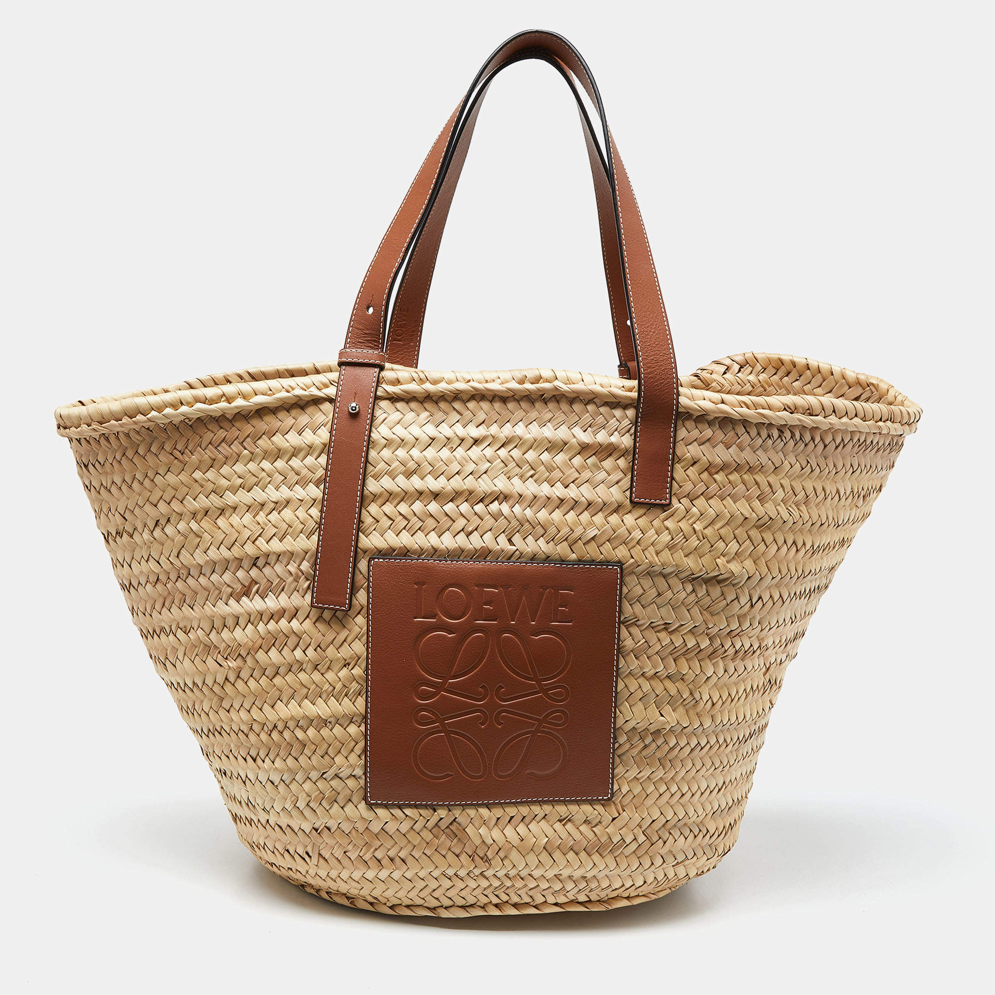 Pre Owned Loewe Vream/Brown Woven Raffia and Leather Large Basket Bag