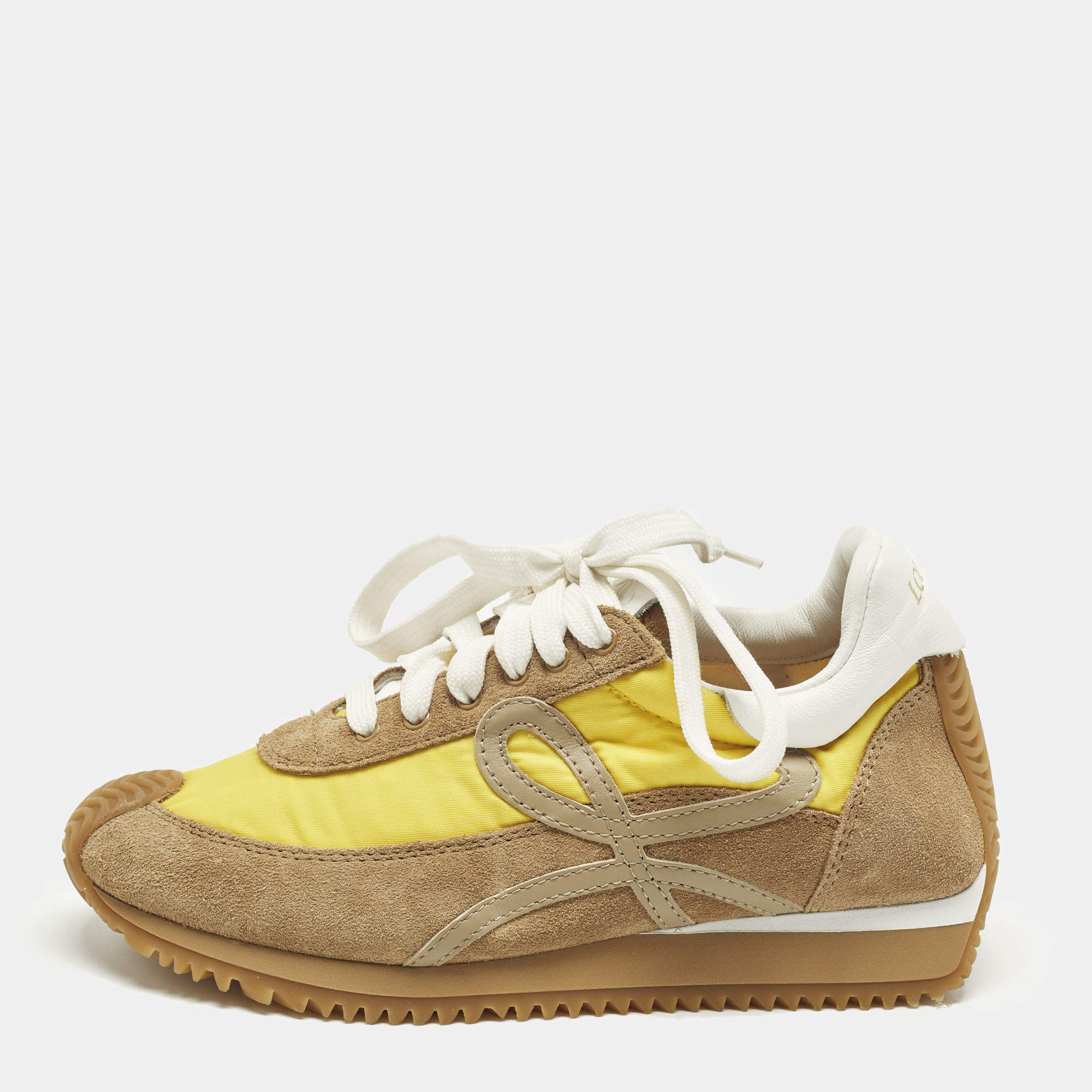 Pre Owned Loewe Brown/Yellow Leather and Suede Low Top Sneakers Size 35