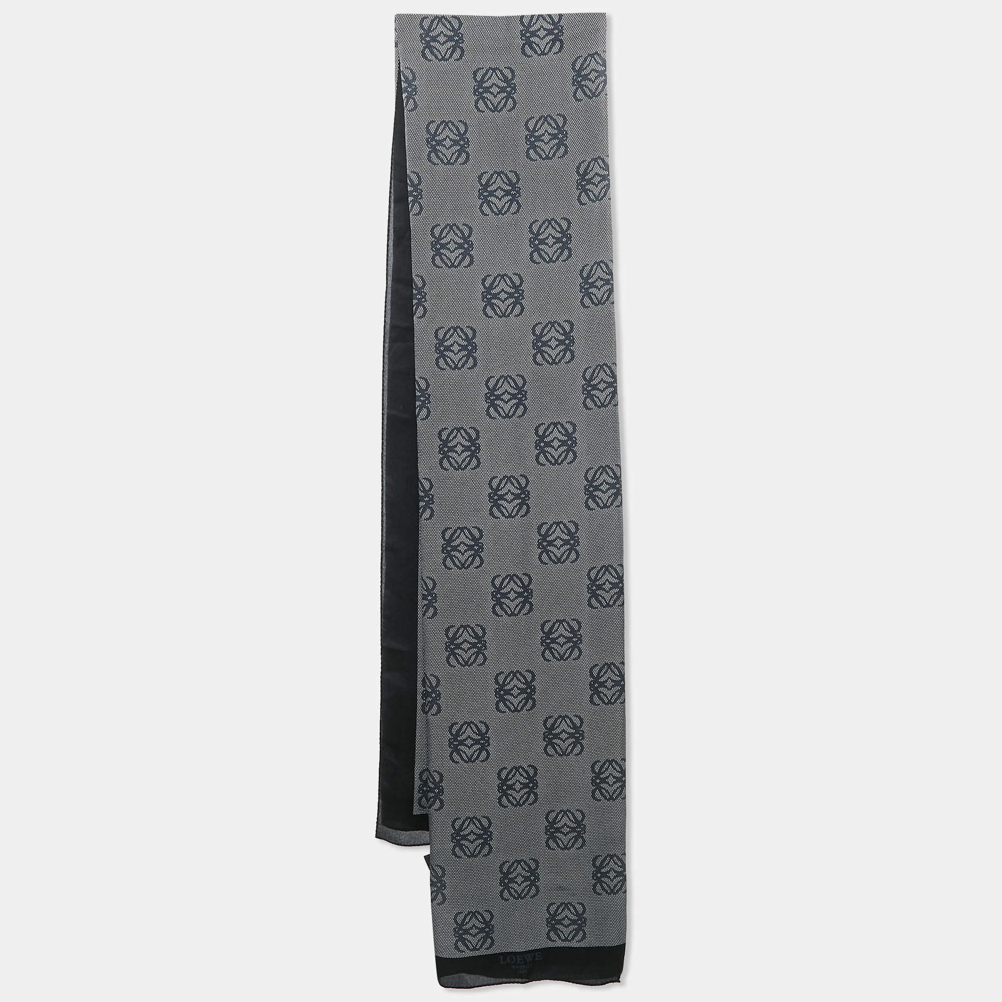 Pre Owned Loewe Black/Grey Anagram Print Silk Scarf