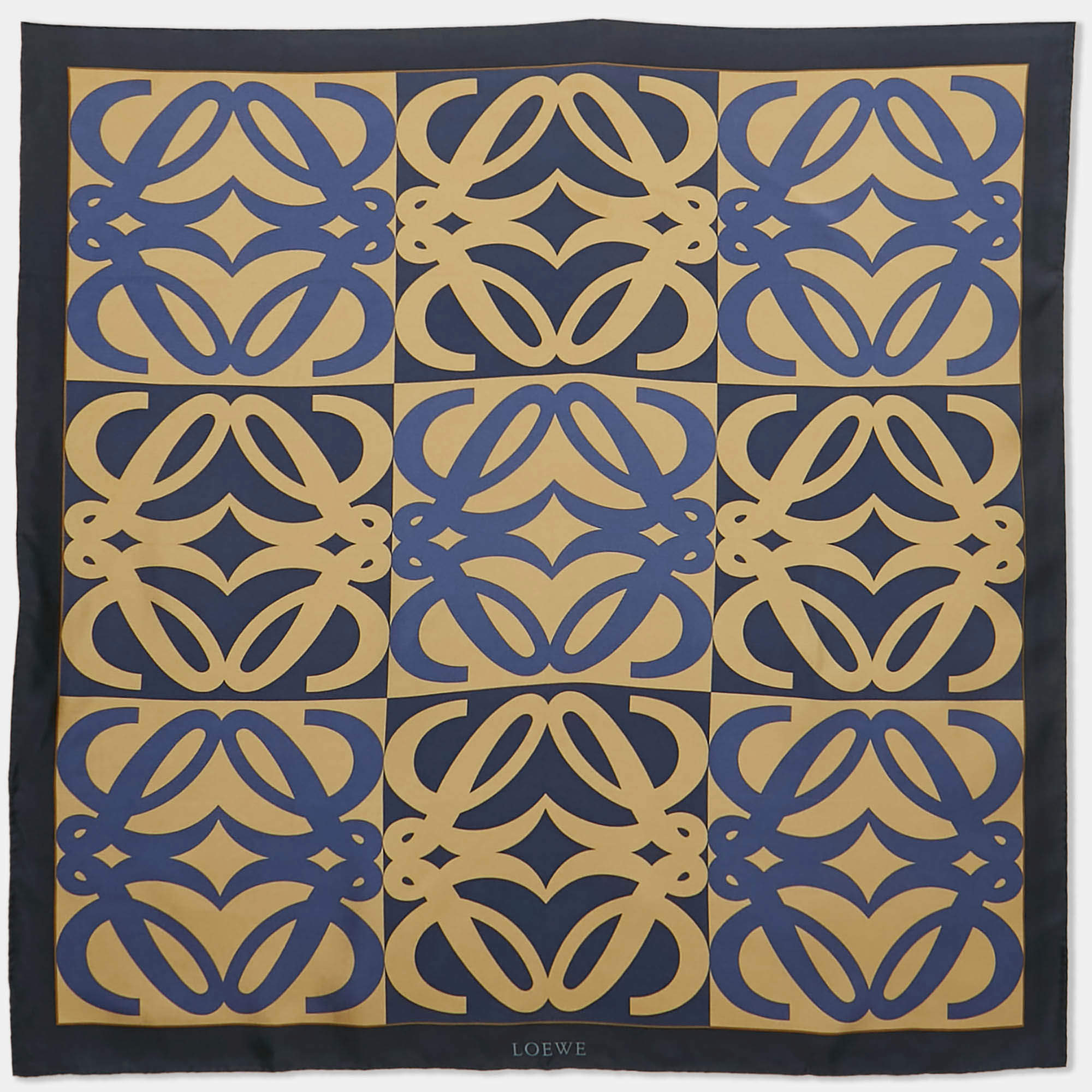 Loewe Navy Blue & Gold Logo Printed Silk Square Scarf