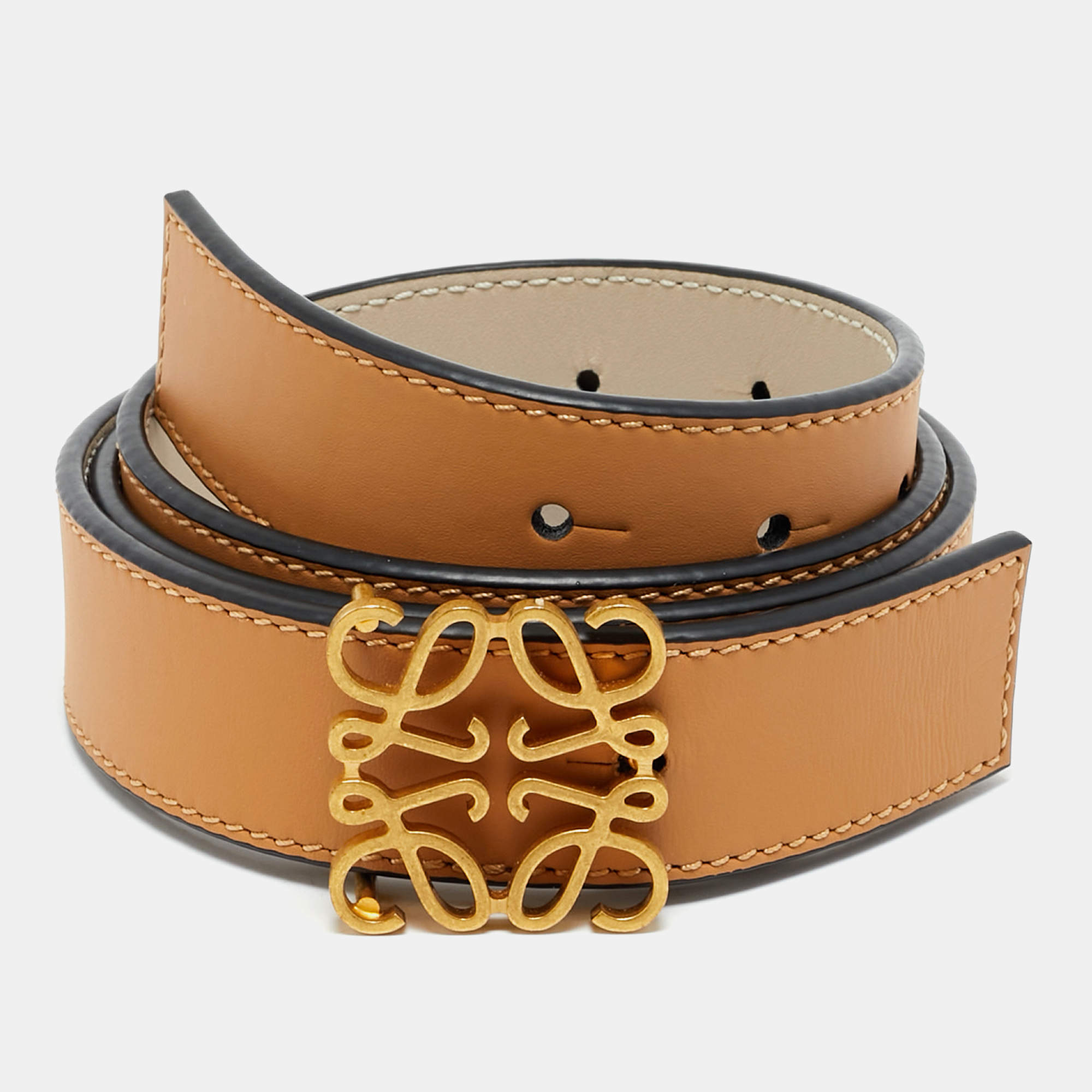 Pre Owned Loewe Tan/Off White Leather Anagram Reversible Belt 85CM