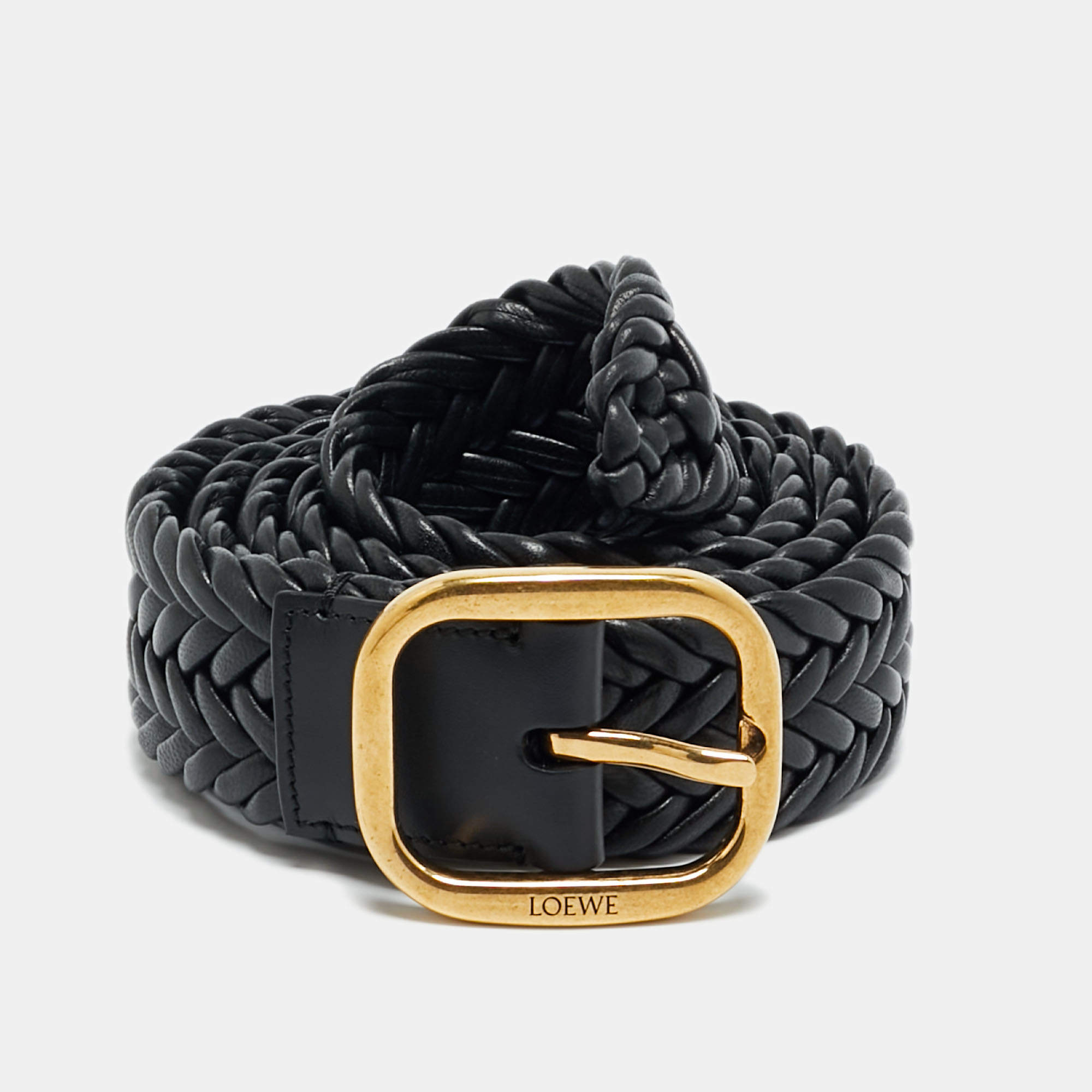 مملوكة مسبقًا Loewe Buckle Belt Woven Black Leather