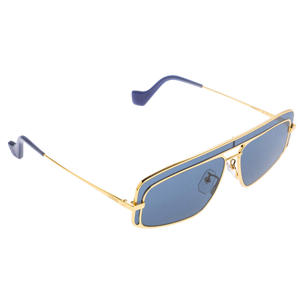 Pre Owned Loewe Blue Acetate and Gold Tone Metal LW40022U Rectangle Sunglasses