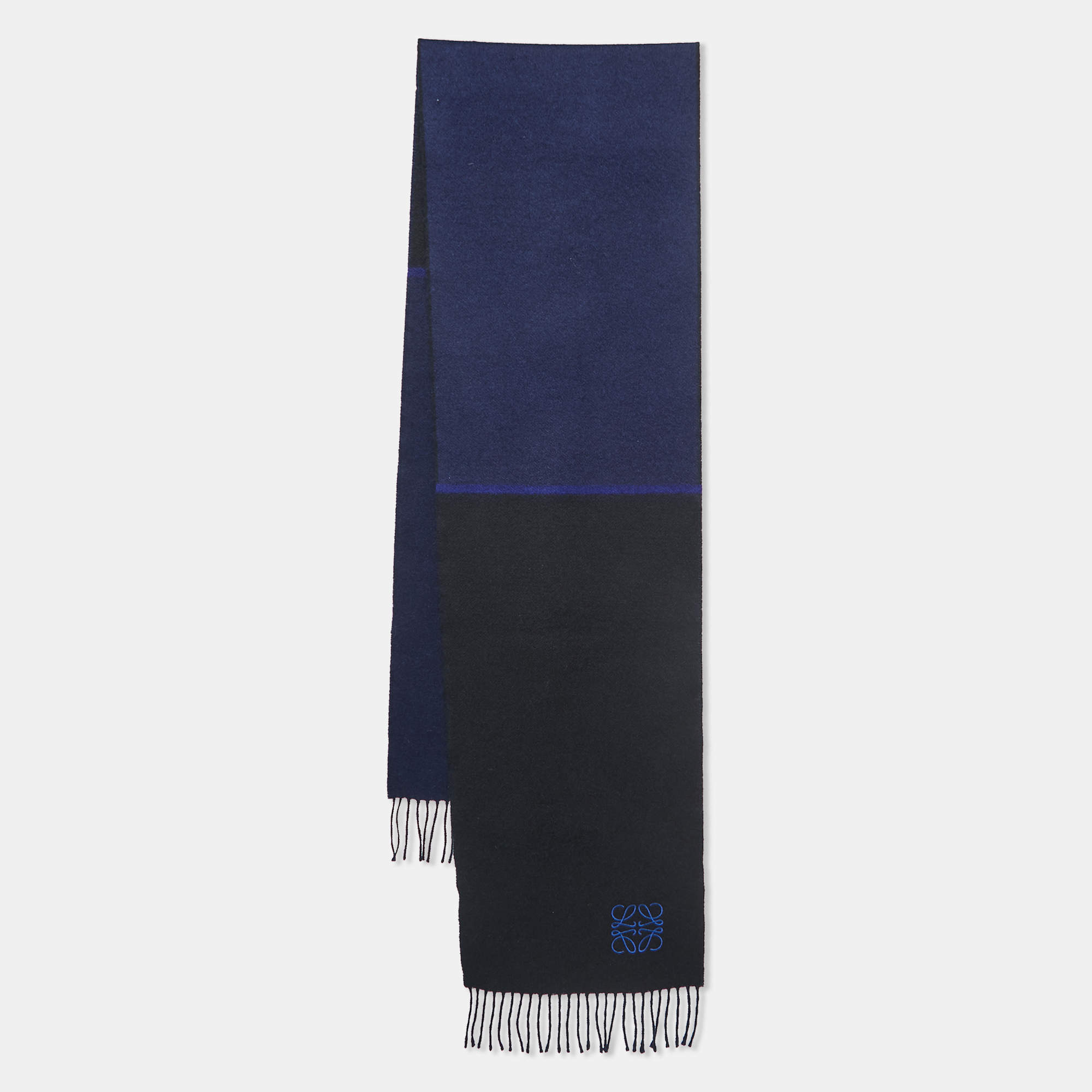 Pre Owned Loewe Navy Blue/Black Embroidered Wool Blend Fringed Scarf