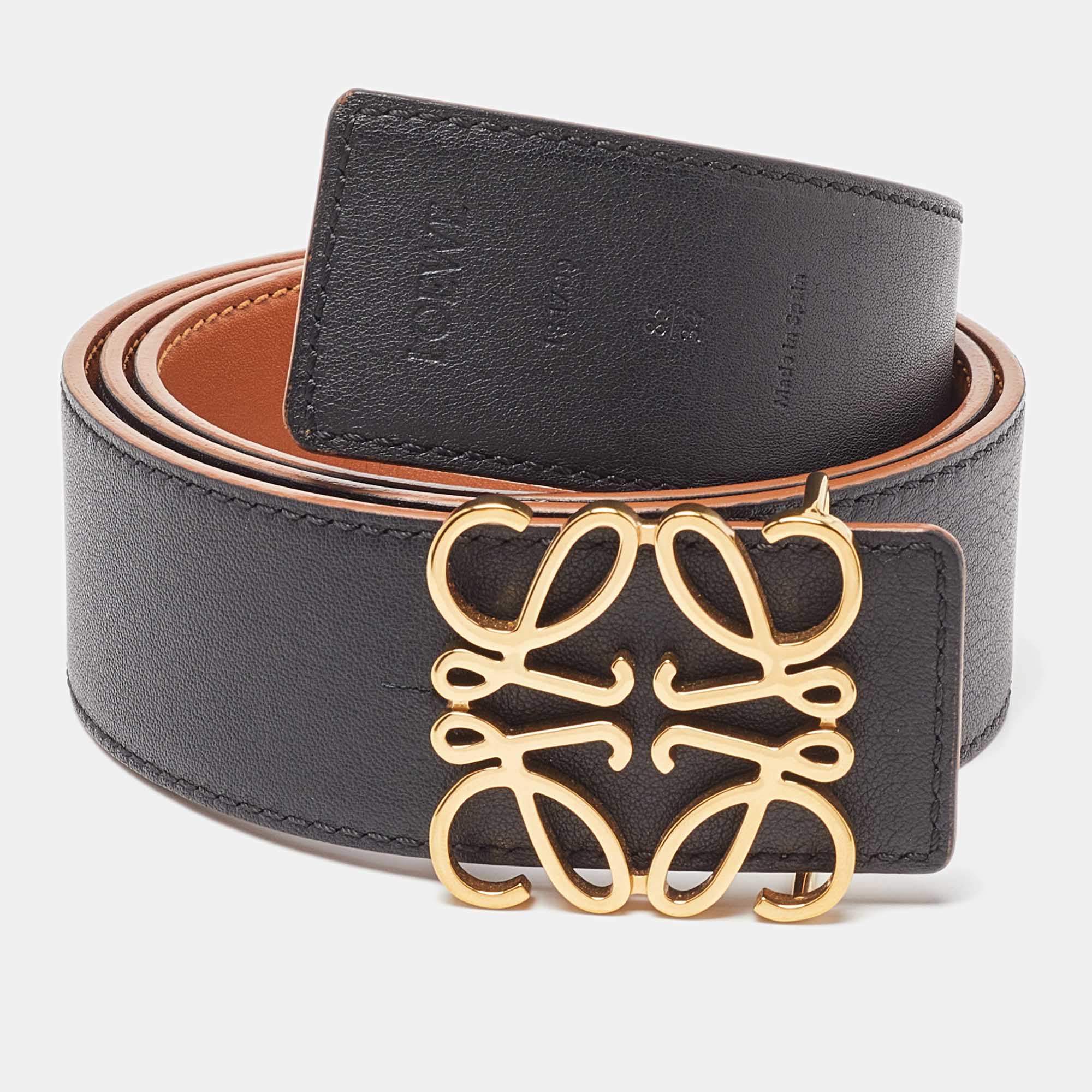 Pre Owned Loewe Black/Brown Leather Anagram Reversible Belt 85CM