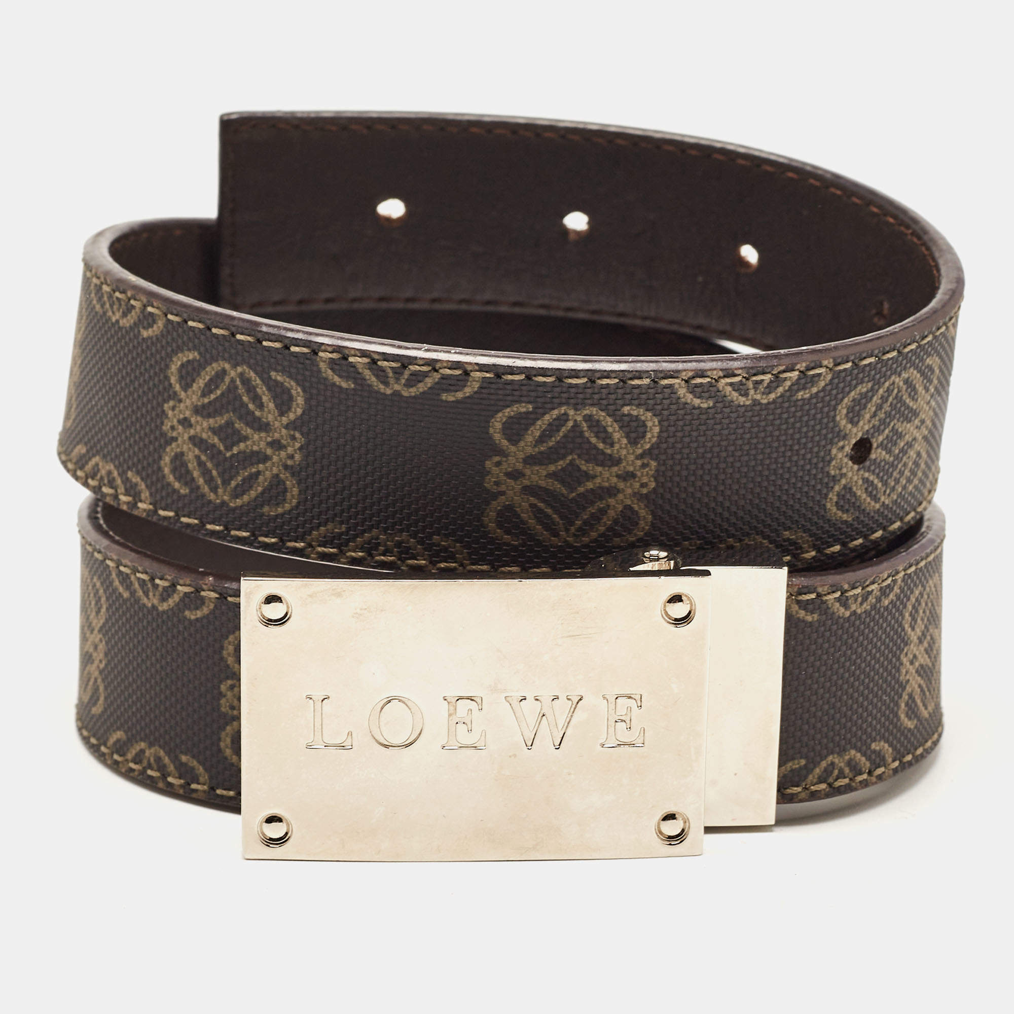 Pre Owned Loewe Black/Dark Brown Anagram Coated Canvas and Leather Logo Plague Belt 75CM