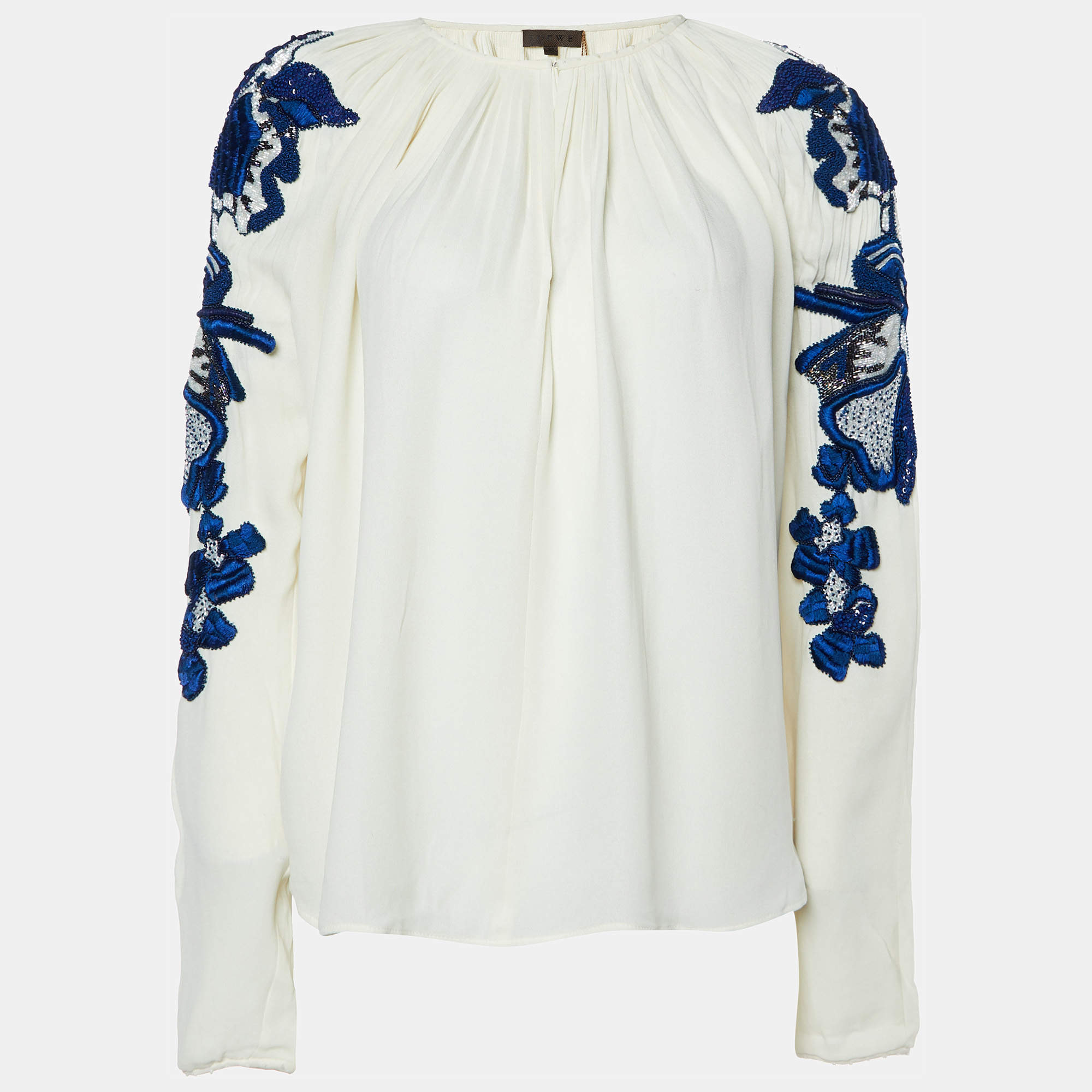 Pre Owned Loewe Off White Silk Embellished Sleeves Pleated Top M