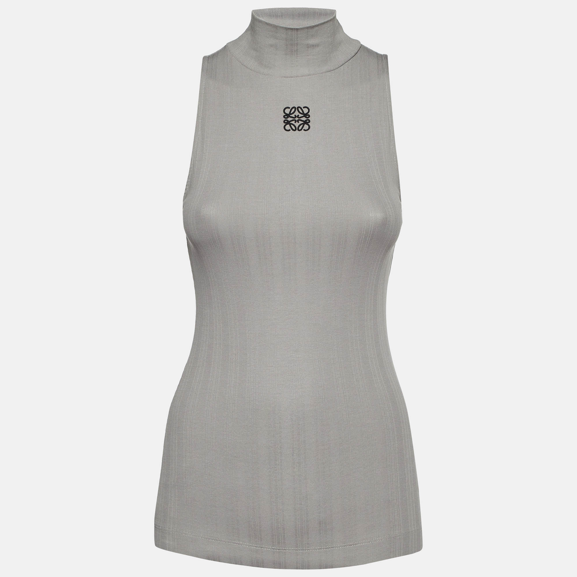 Pre Owned Loewe Grey Embroidered Cotton Knit High Neck Tank Top M
