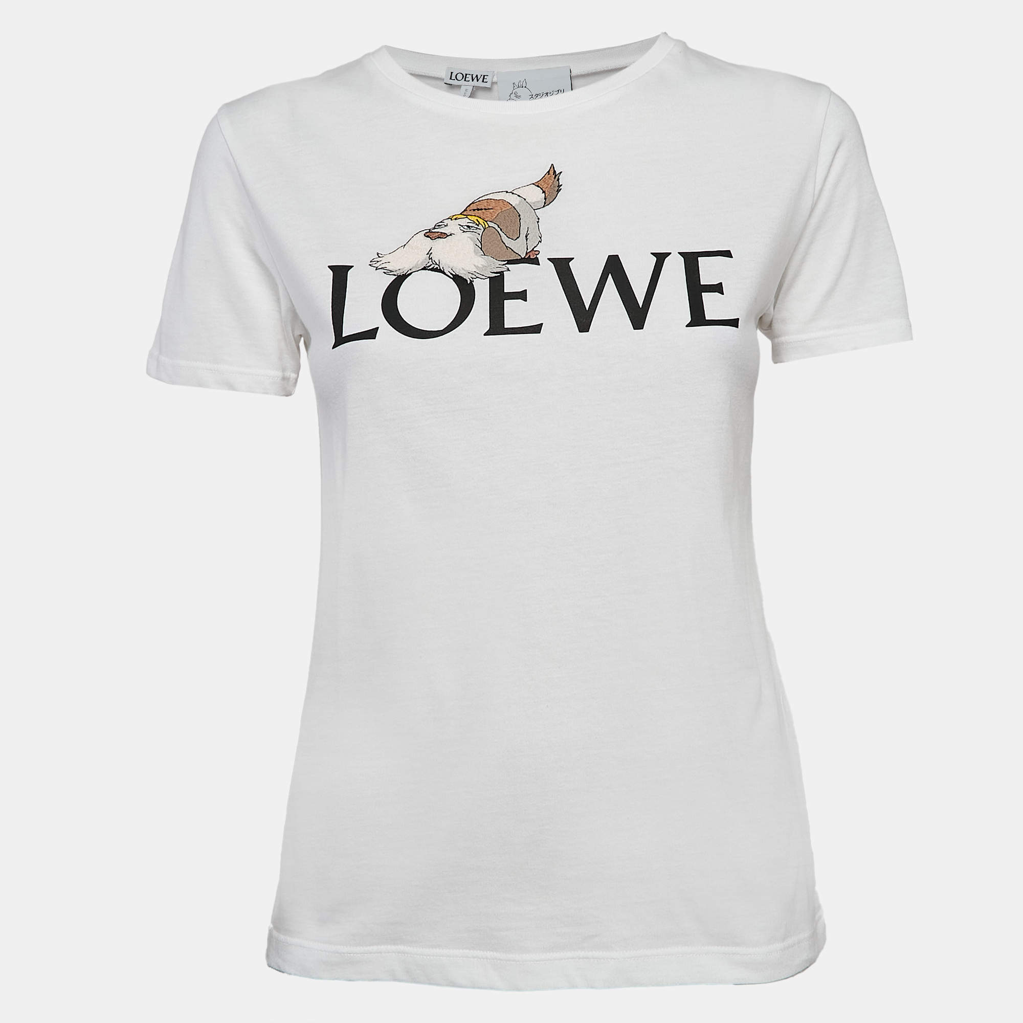 Pre Owned Loewe White Embroidered Cotton Knit Round Neck T-Shirt S