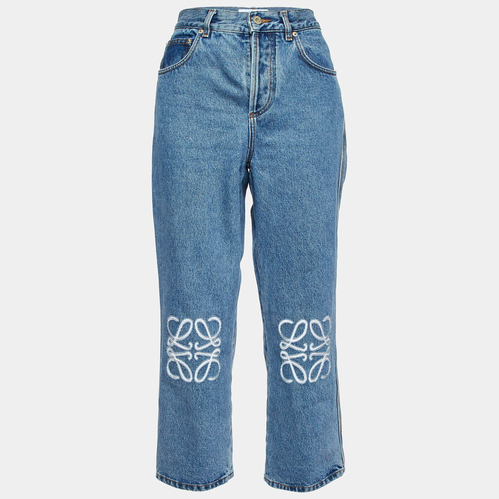 Pre Owned Loewe Blue Denim Anagram Detail Cropped Jeans L/Waist 31"