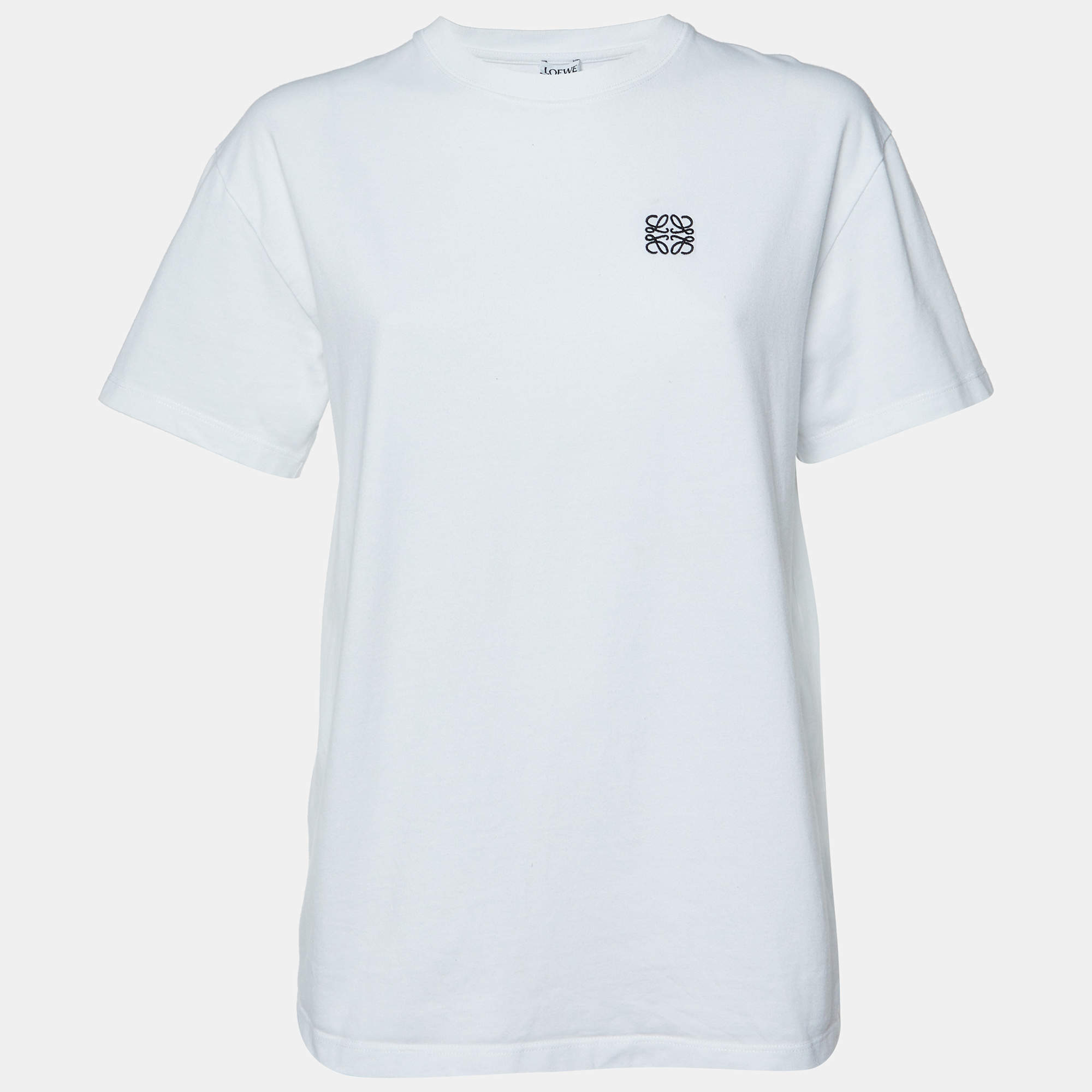 Pre Owned Loewe White Anagram Embroidered Cotton Crew Neck T-Shirt XS