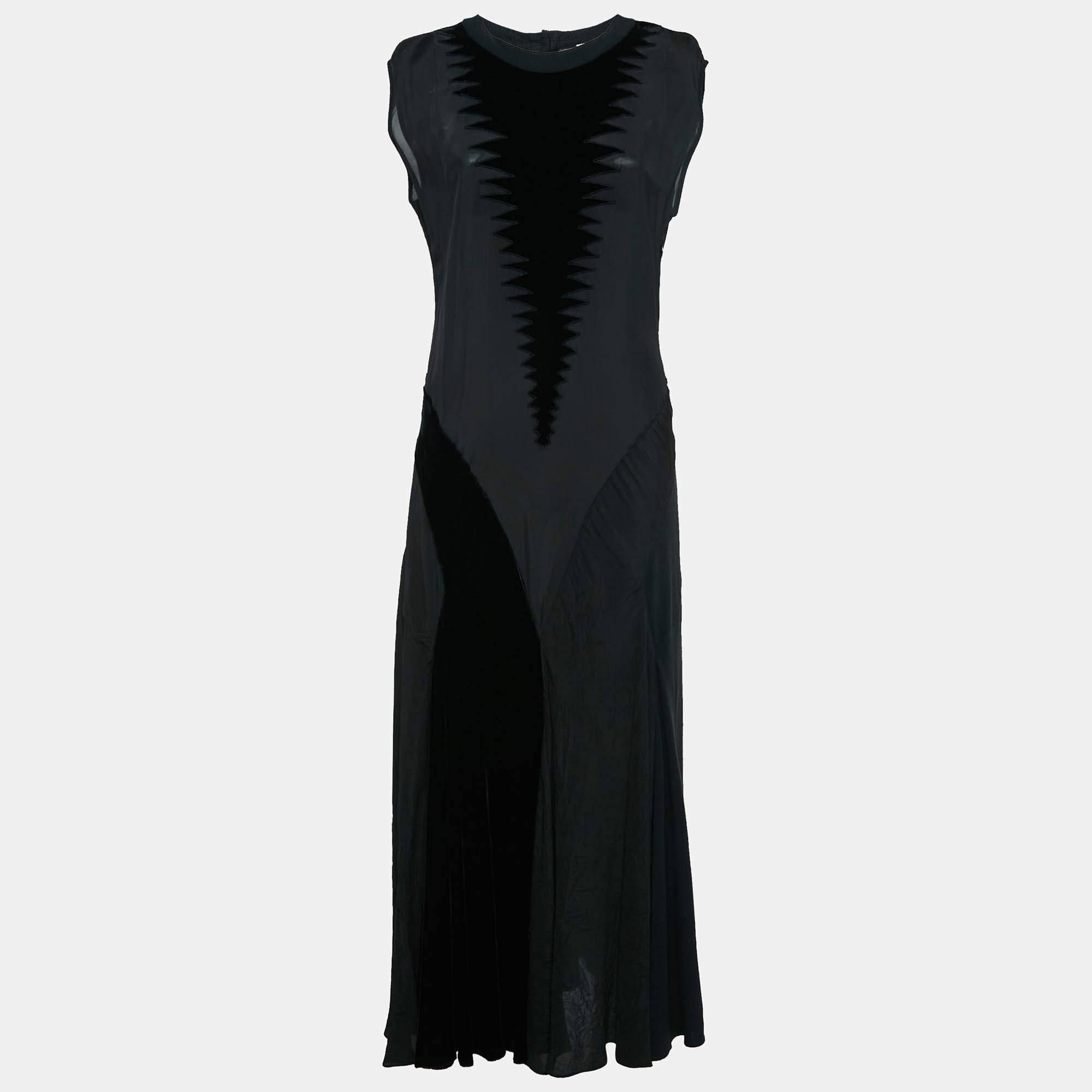 Loewe Black Crepe Velvet Panel Detail Sleeveless Maxi Dress