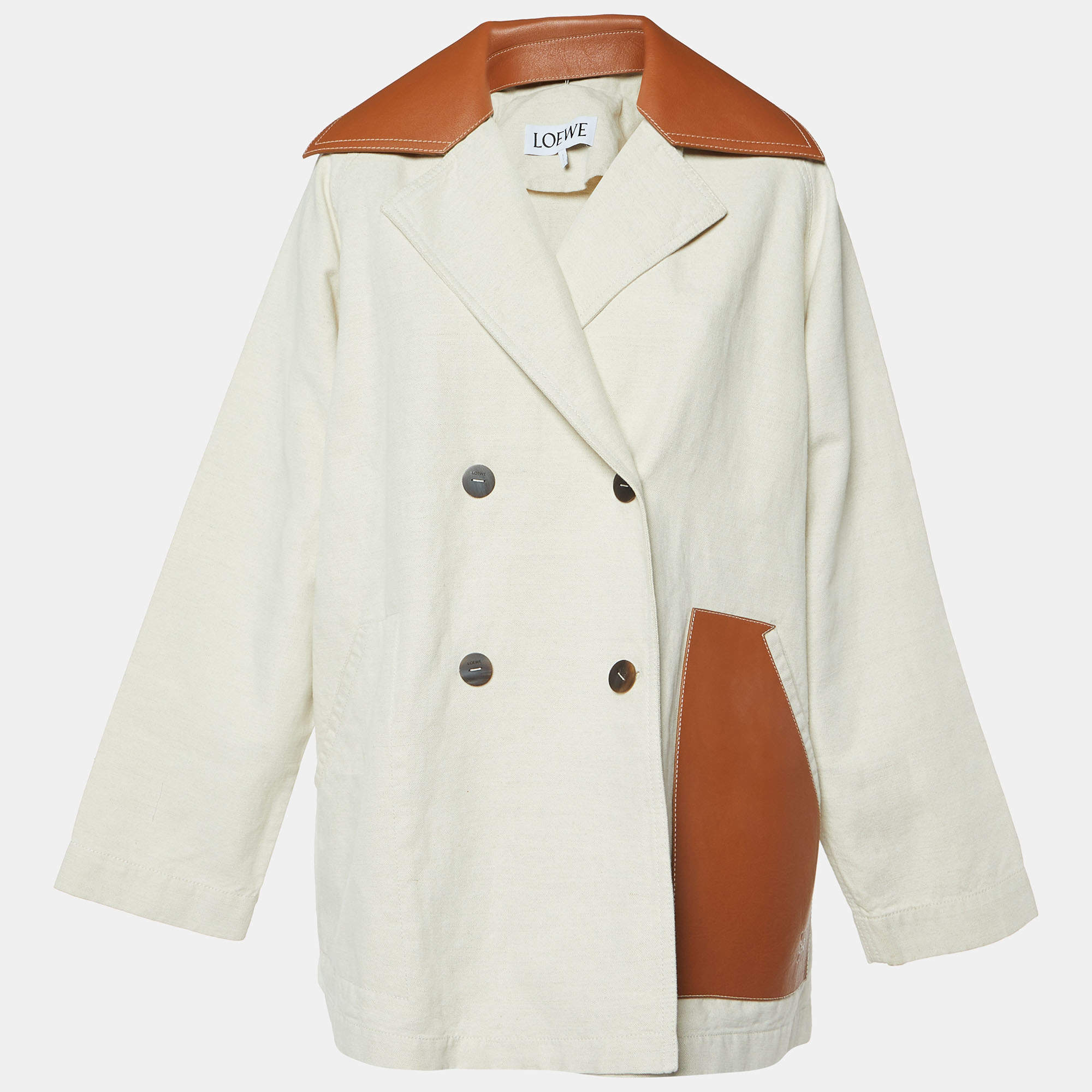 Loewe Beige Cotton-Linen Blend Leather Trimmed Peacoat S