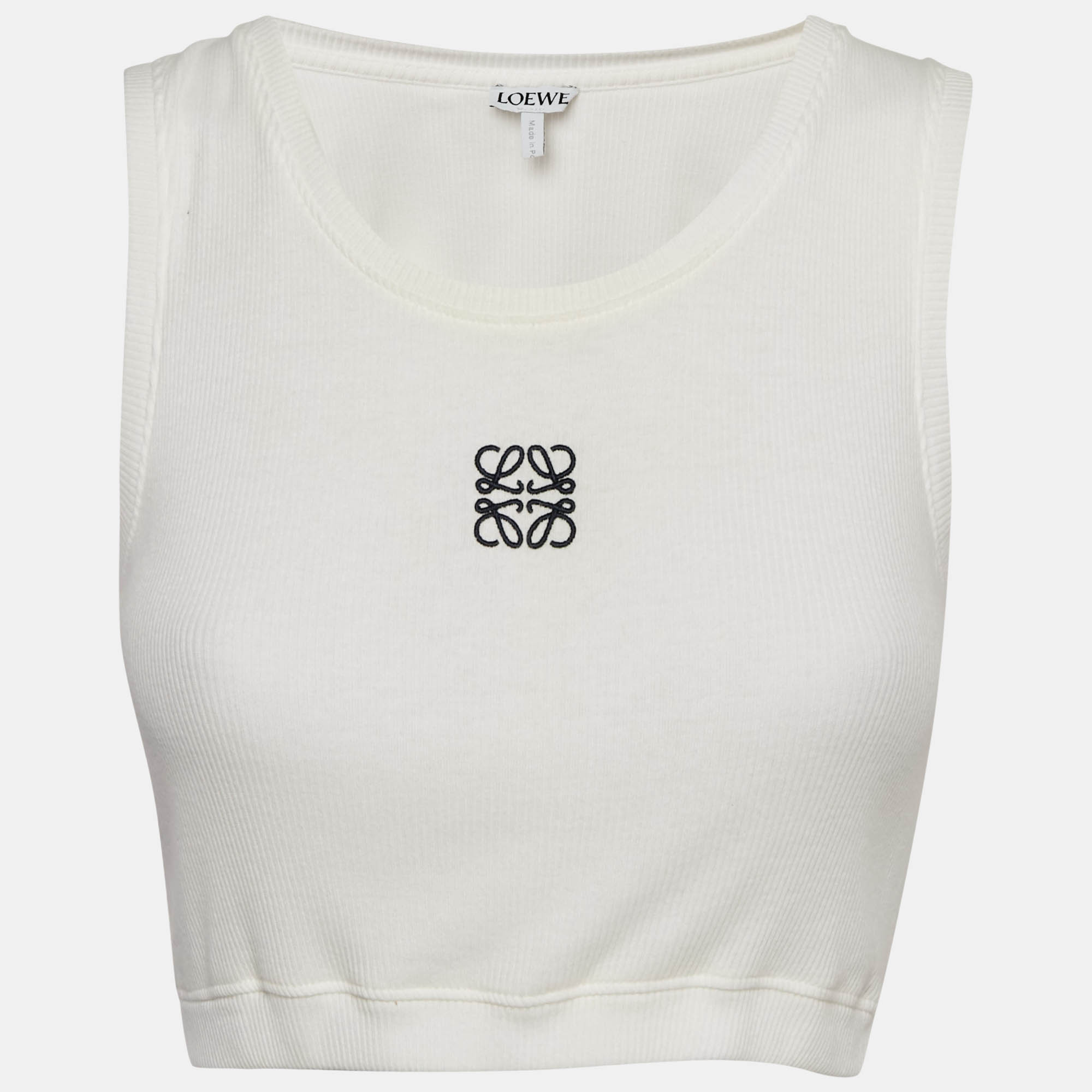 مملوكة مسبقًا Loewe White Anagram Embroidered Rib Knit Crop Tank Top M