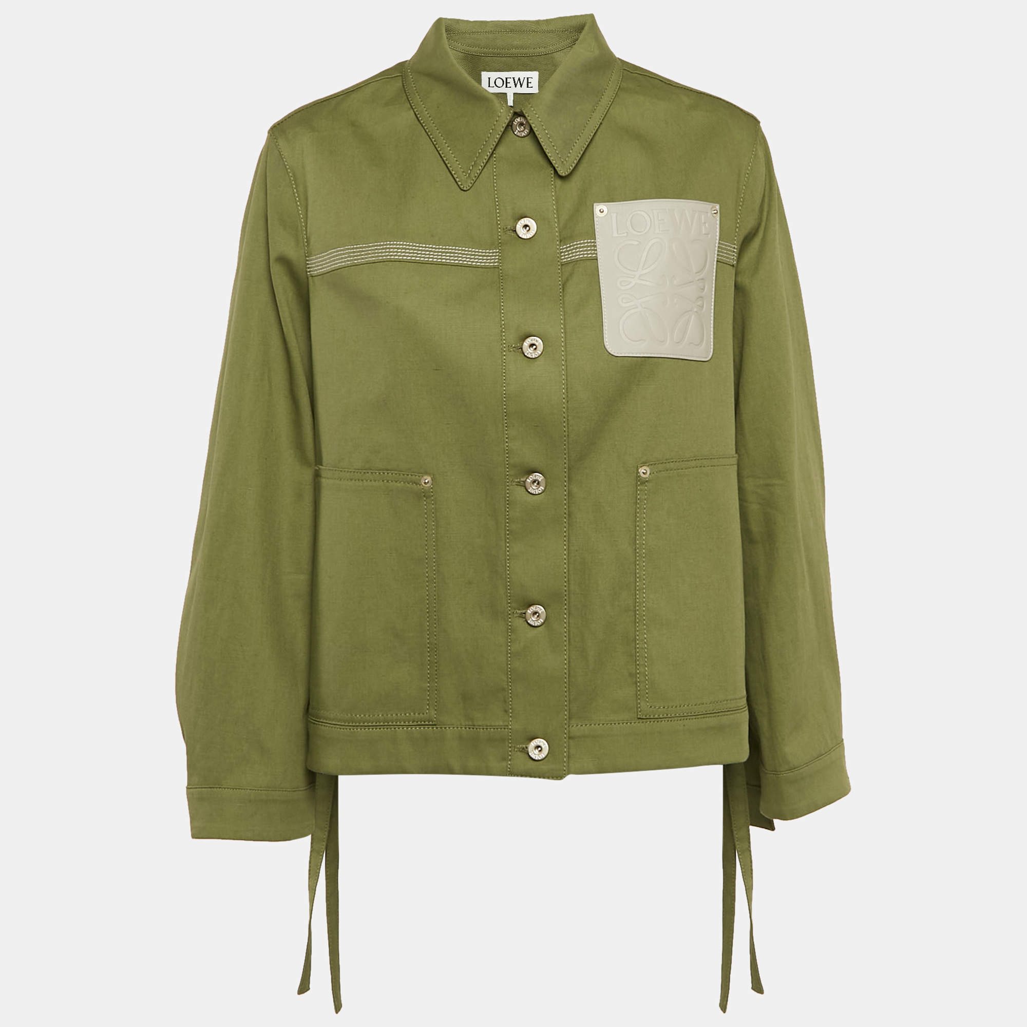 Loewe Green Cotton Blend Leather Logo Pocket Detail Workwear Jacket S