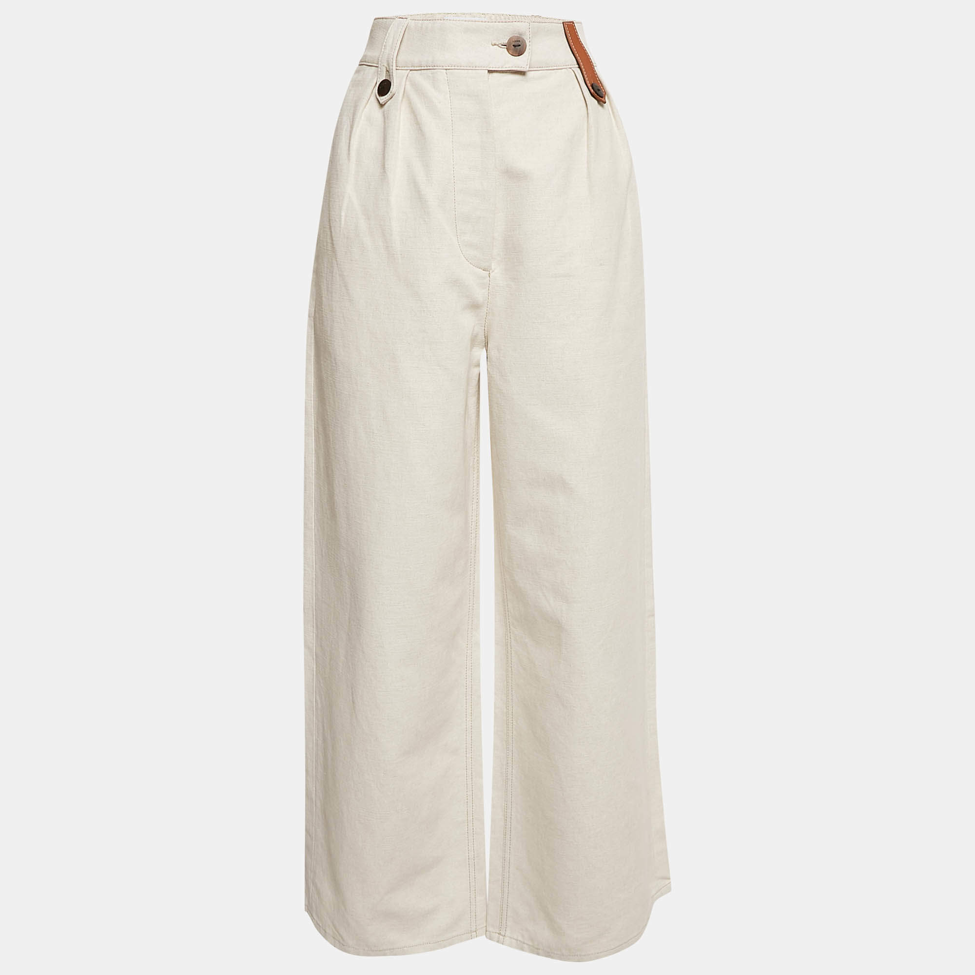 Pre Owned Loewe Cream Cotton Blend Leather Trim Wide-Leg Trousers M