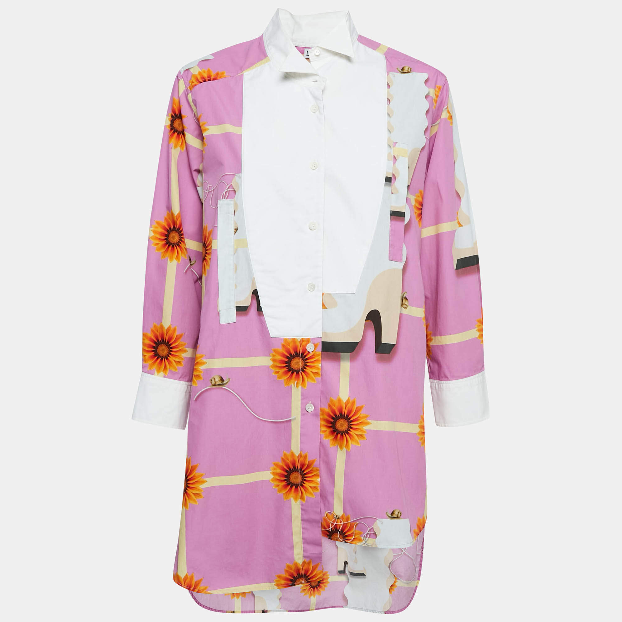 Pre Owned Loewe Pink Wallpaper Print Cotton Asymmetric Long Shirt S