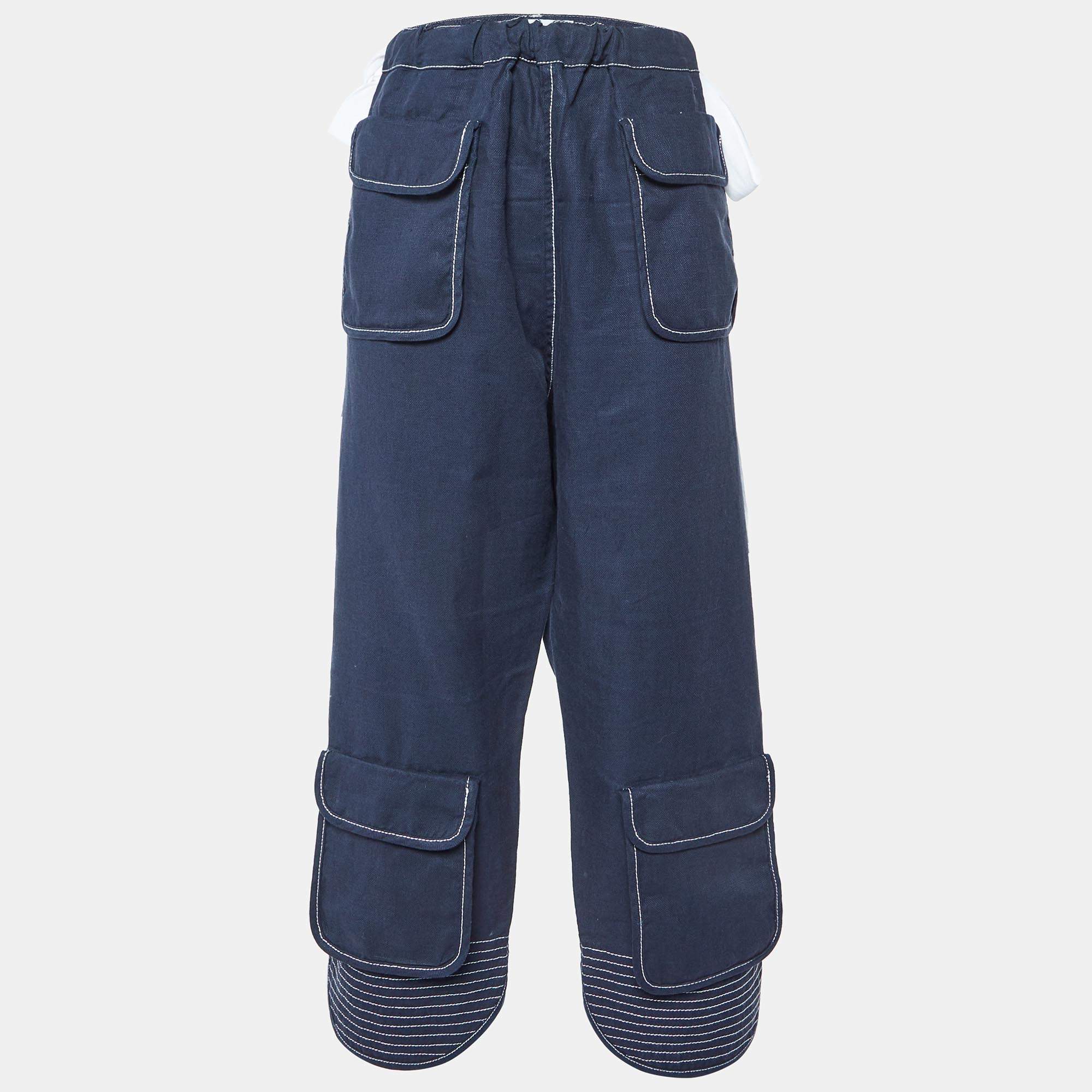 Pre Owned Loewe Navy Blue Linen & Cotton Cargo Trousers XL