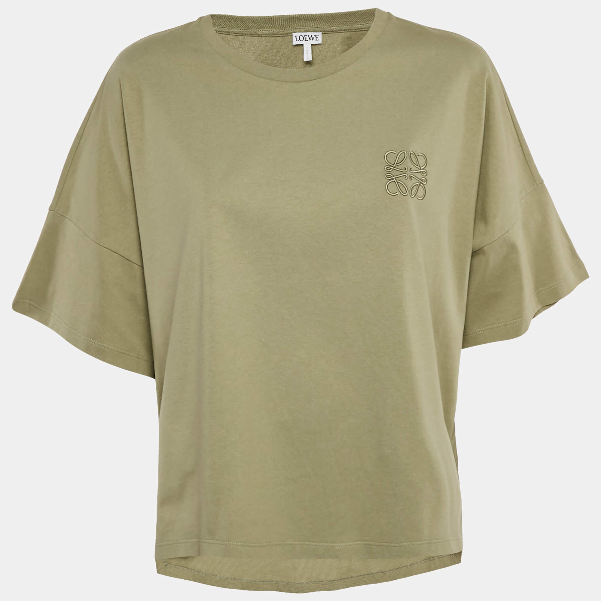 Pre Owned Loewe Olive Green Cotton Anagram Embroidered T-Shirt M