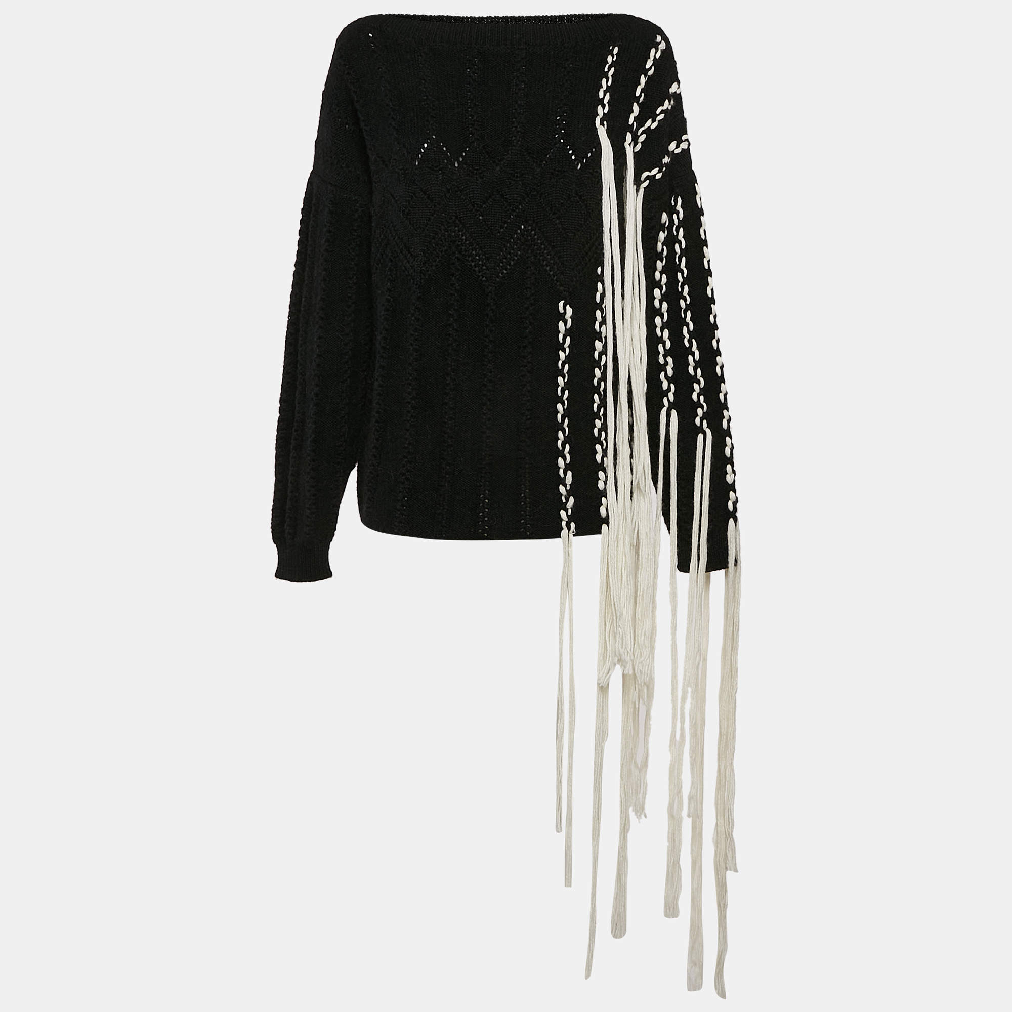 Loewe Black Wool Cable Knit Fringed Sweater L