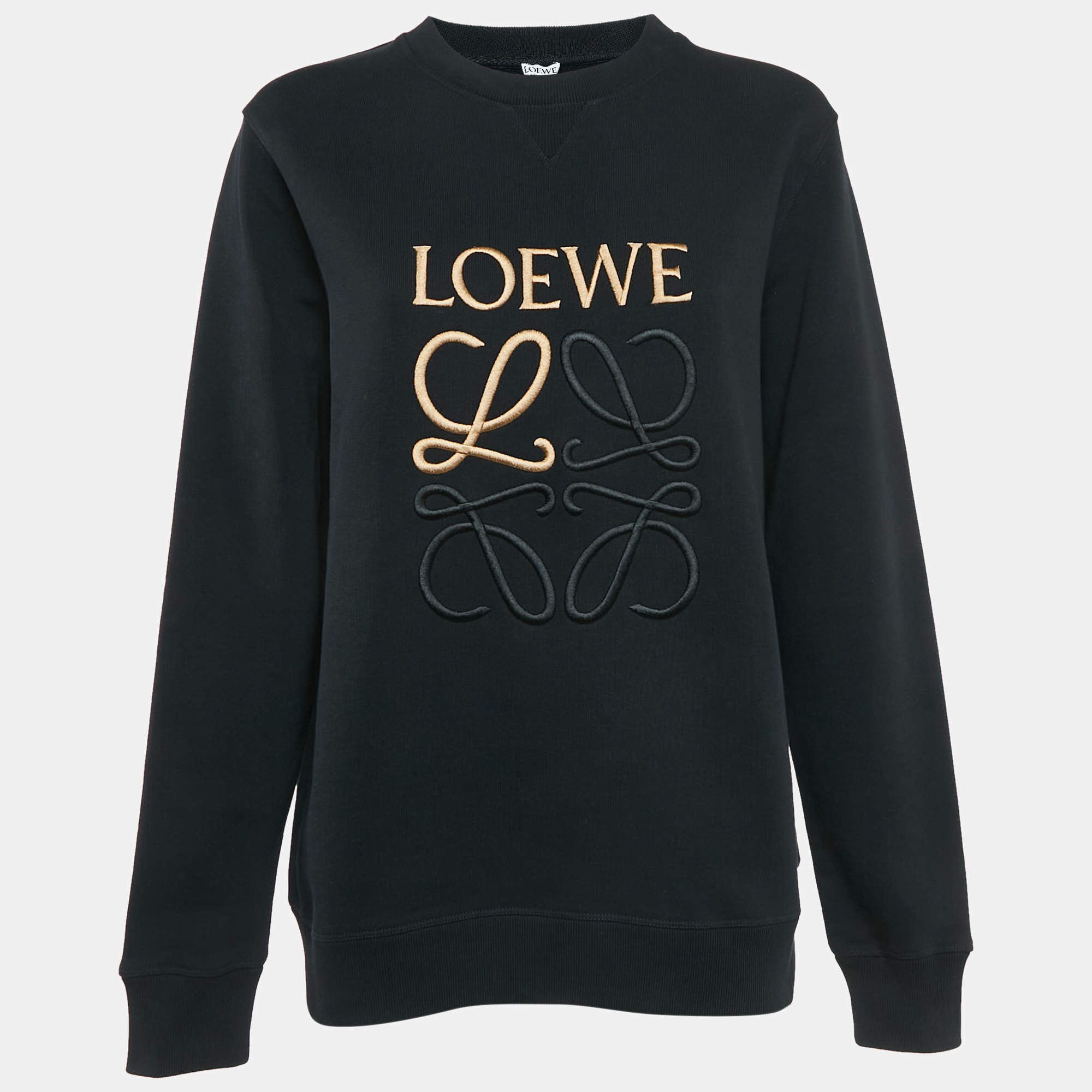 Pre Owned Loewe Black Logo Embroidered Cotton Crew Neck Sweatshirt L