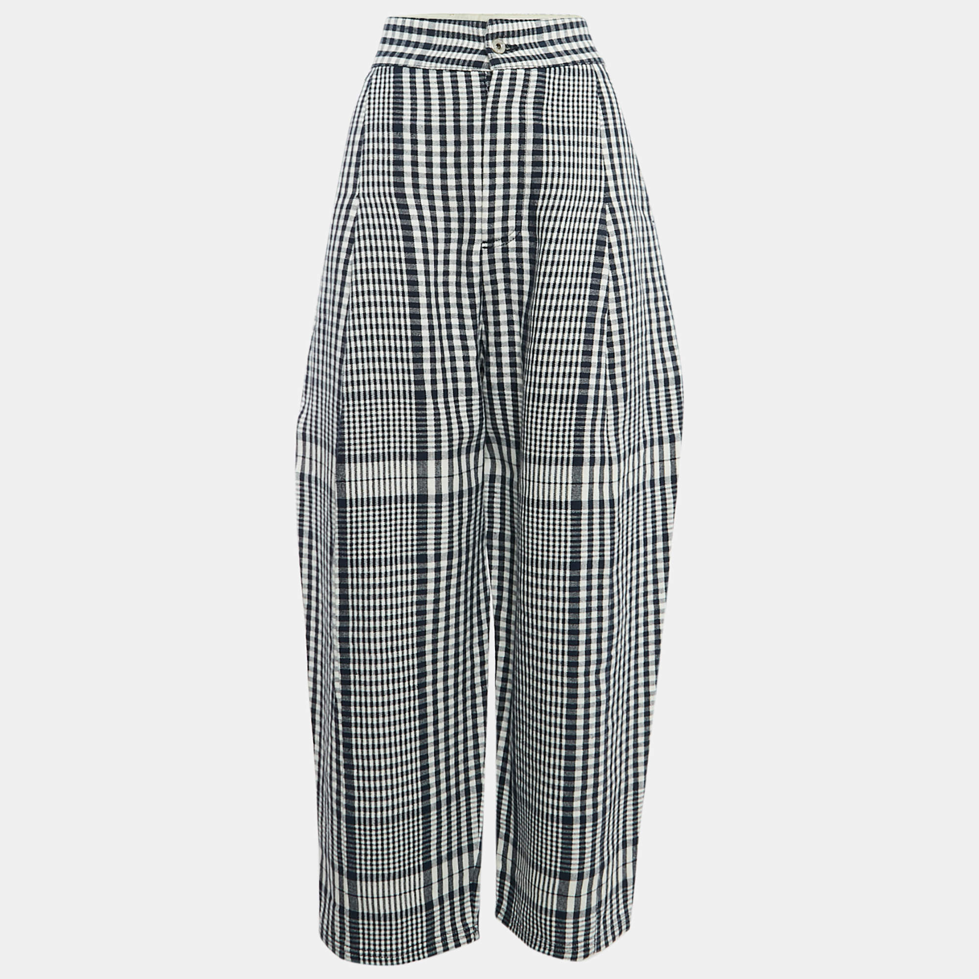 Loewe Navy Blue/White Checked Linen Wide-Leg Trousers L