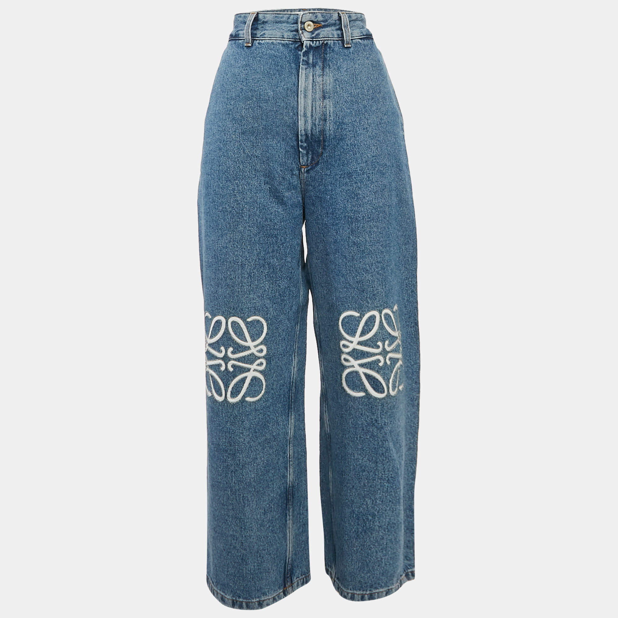 Pre Owned Loewe Blue Debossed Anagram Denim Wide Leg Jeans L Waist 33"