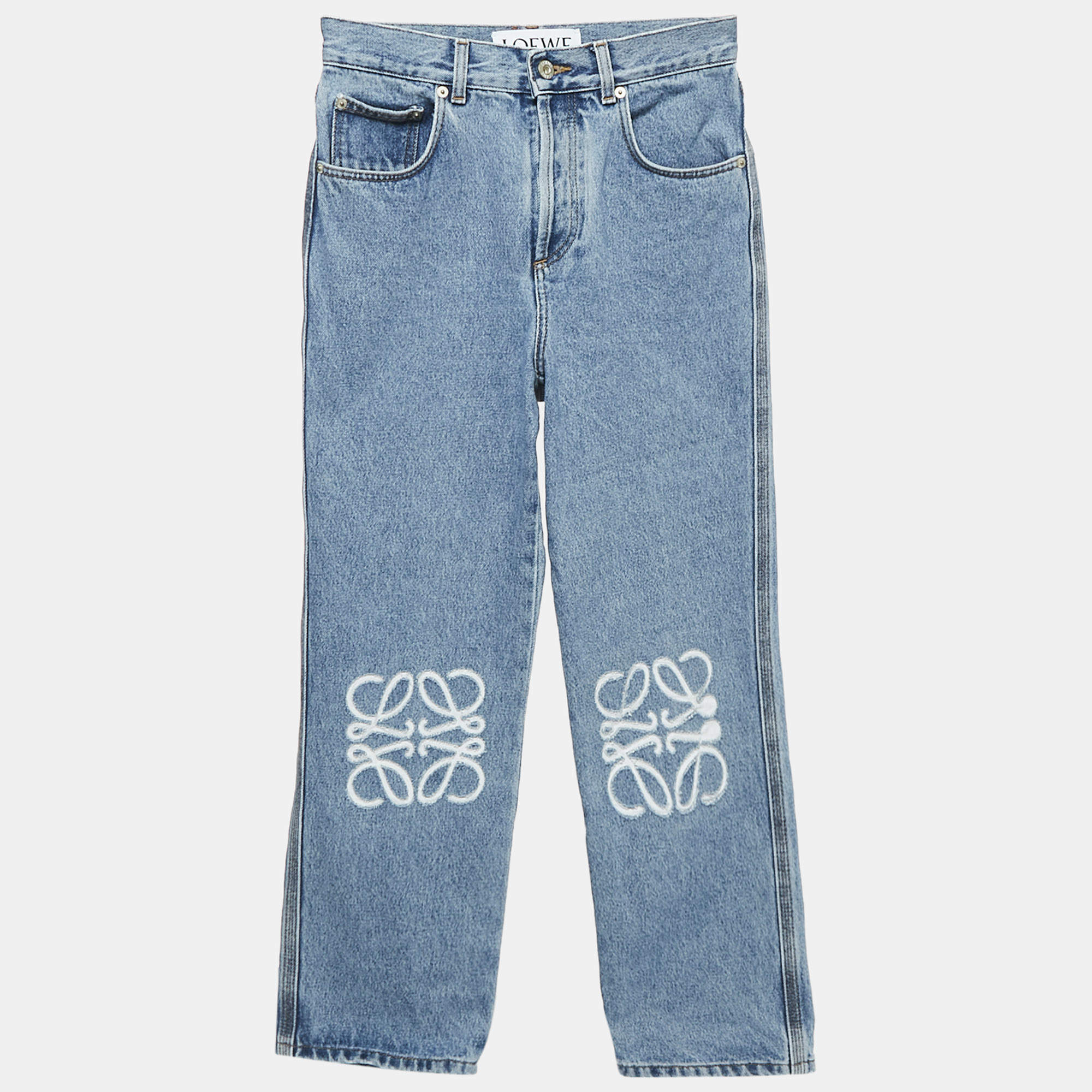 Pre Owned Loewe Blue Denim Anagram Detail Cropped Jeans S Waist 26"