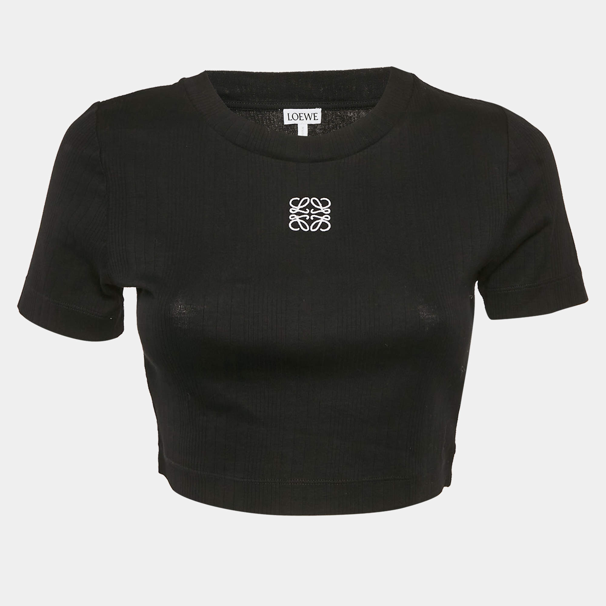 Loewe Black Angaram Embroidered Rib Knit Fitted Crop Top L