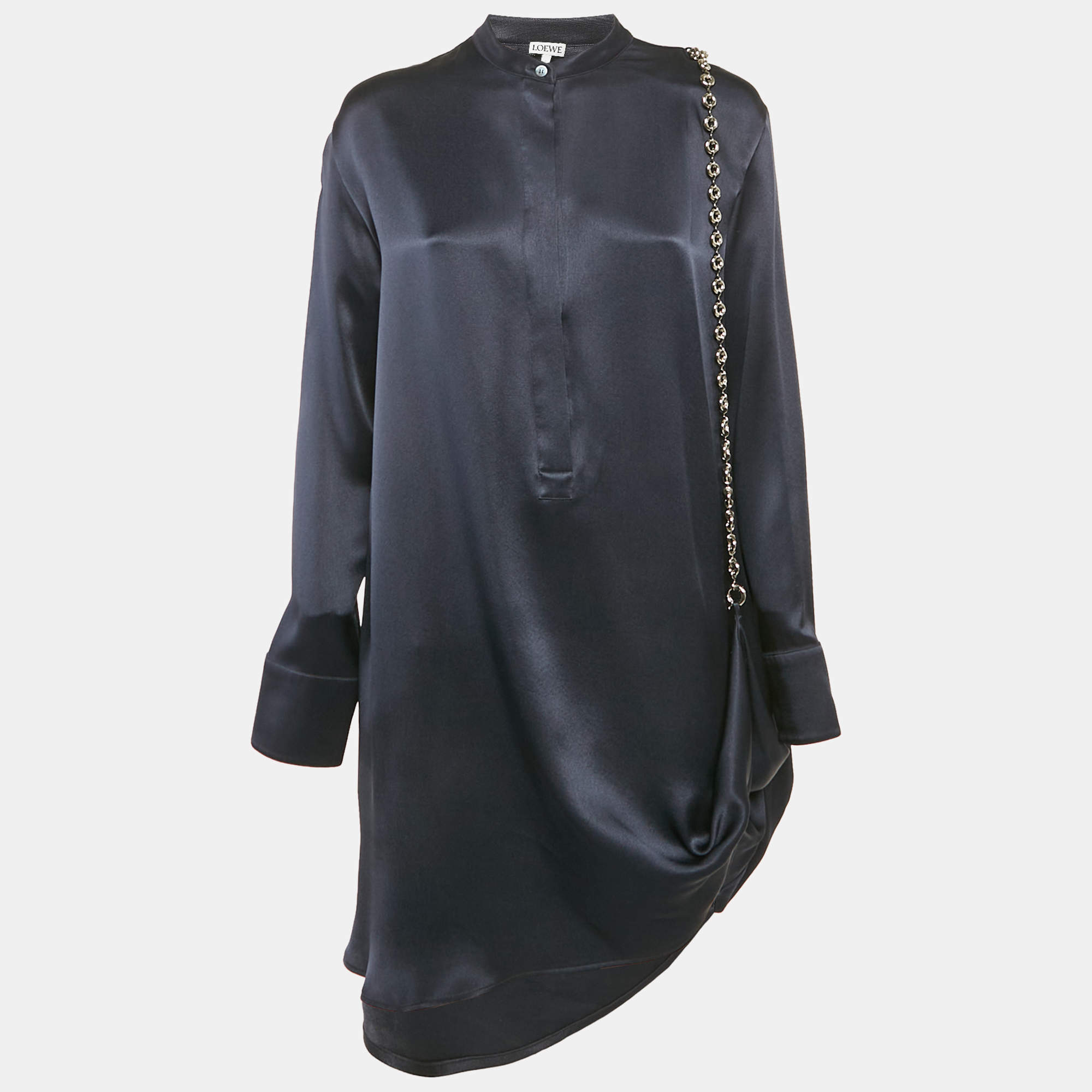 Loewe Navy Blue Satin Chain Detail Short Shirt Dress S