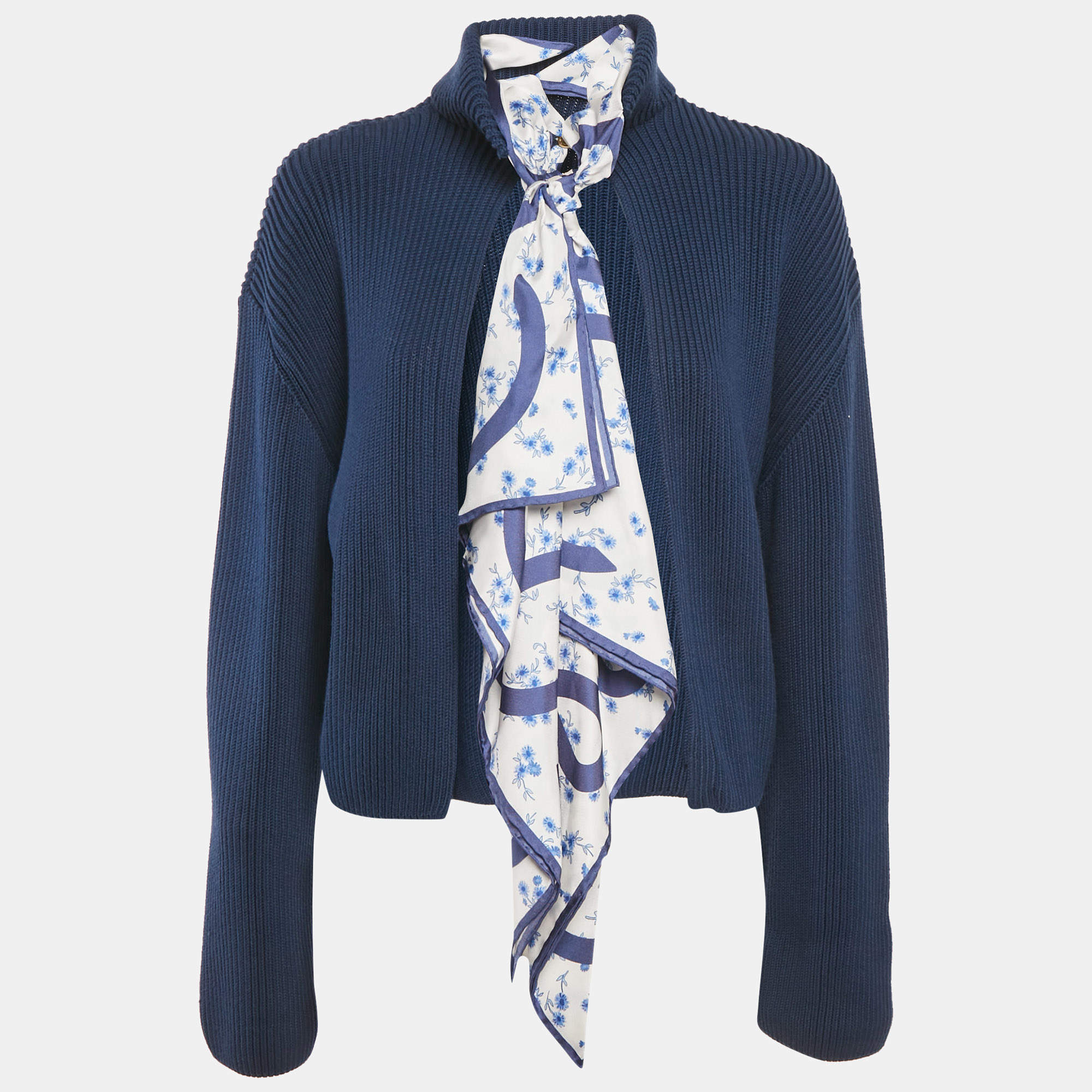 Pre Owned Loewe Navy Blue Cotton Rib Knit & Tie Detail Open Back Sweater S