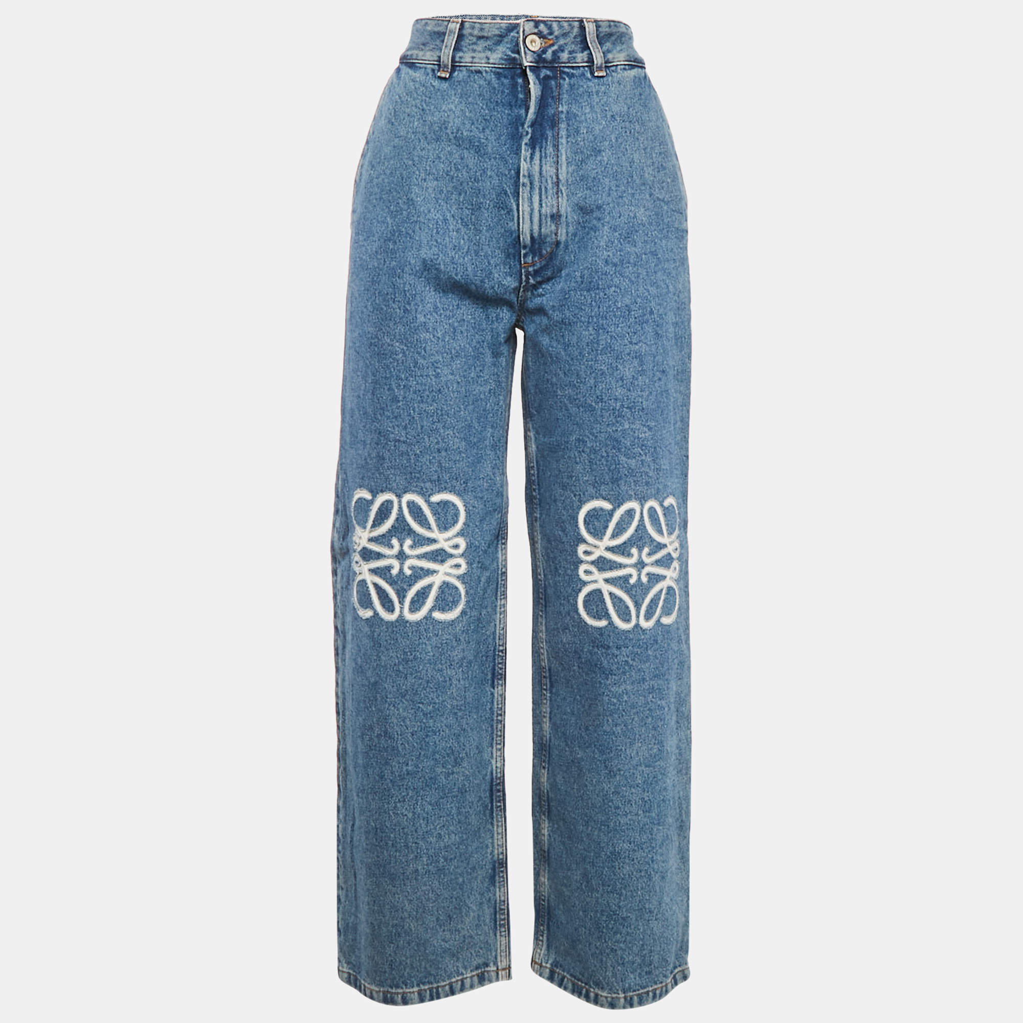 Pre Owned Loewe Blue Anagram Engraved Denim Straight Leg Jeans S Waist 27"