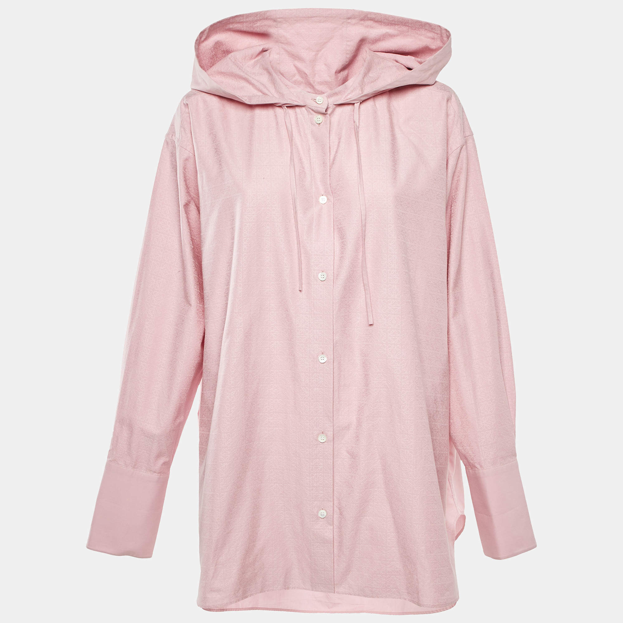 Pre Owned Loewe Pink Monogram Cotton Button Front Hooded Shirt XXL