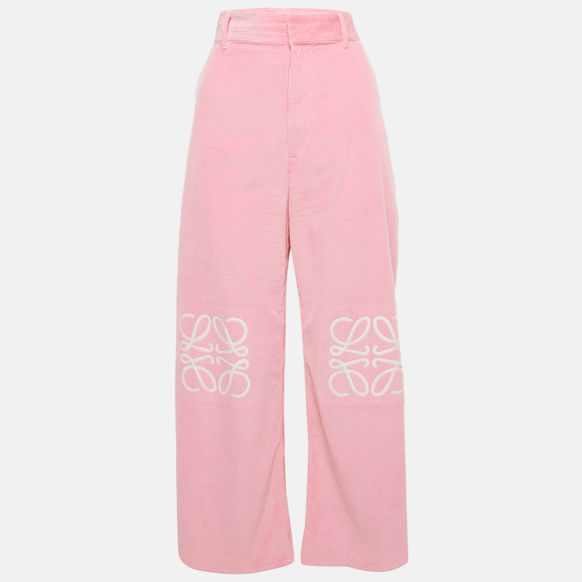 Pre Owned Loewe Pink Anagram Corduroy Wide Leg Pants M