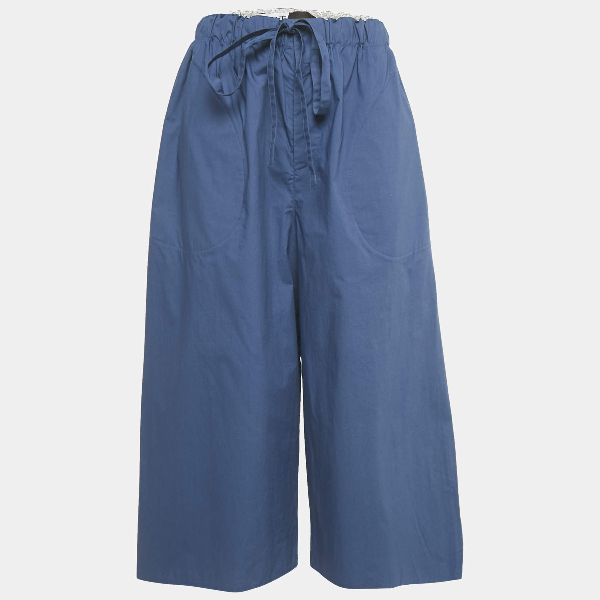 Pre Owned Loewe Blue Cotton Raw Edge Detail Wide Leg Trousers S