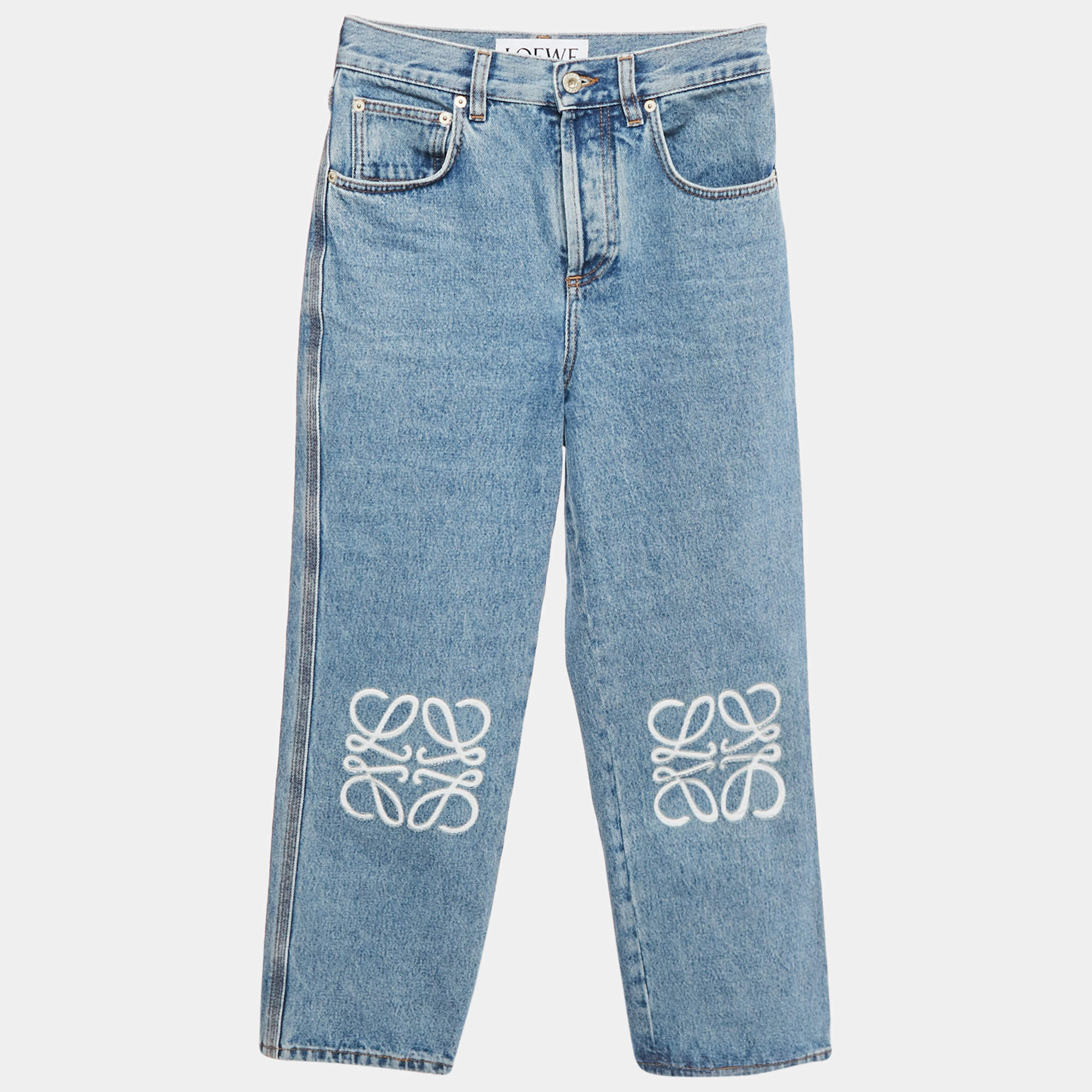 Pre Owned Loewe Blue Denim Anagram Detail Cropped Jeans S Waist 27"