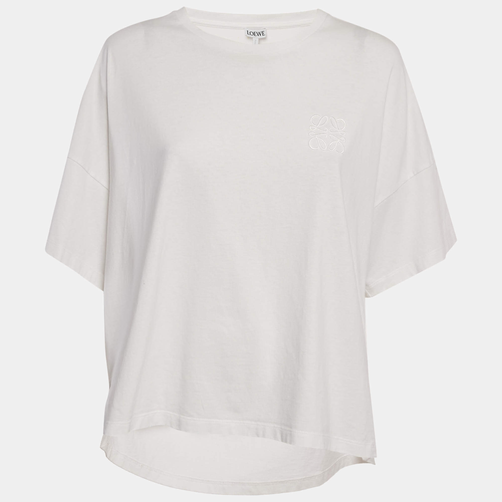 Pre Owned Loewe White Anagram Embroidered Cotton High Low T-Shirt M