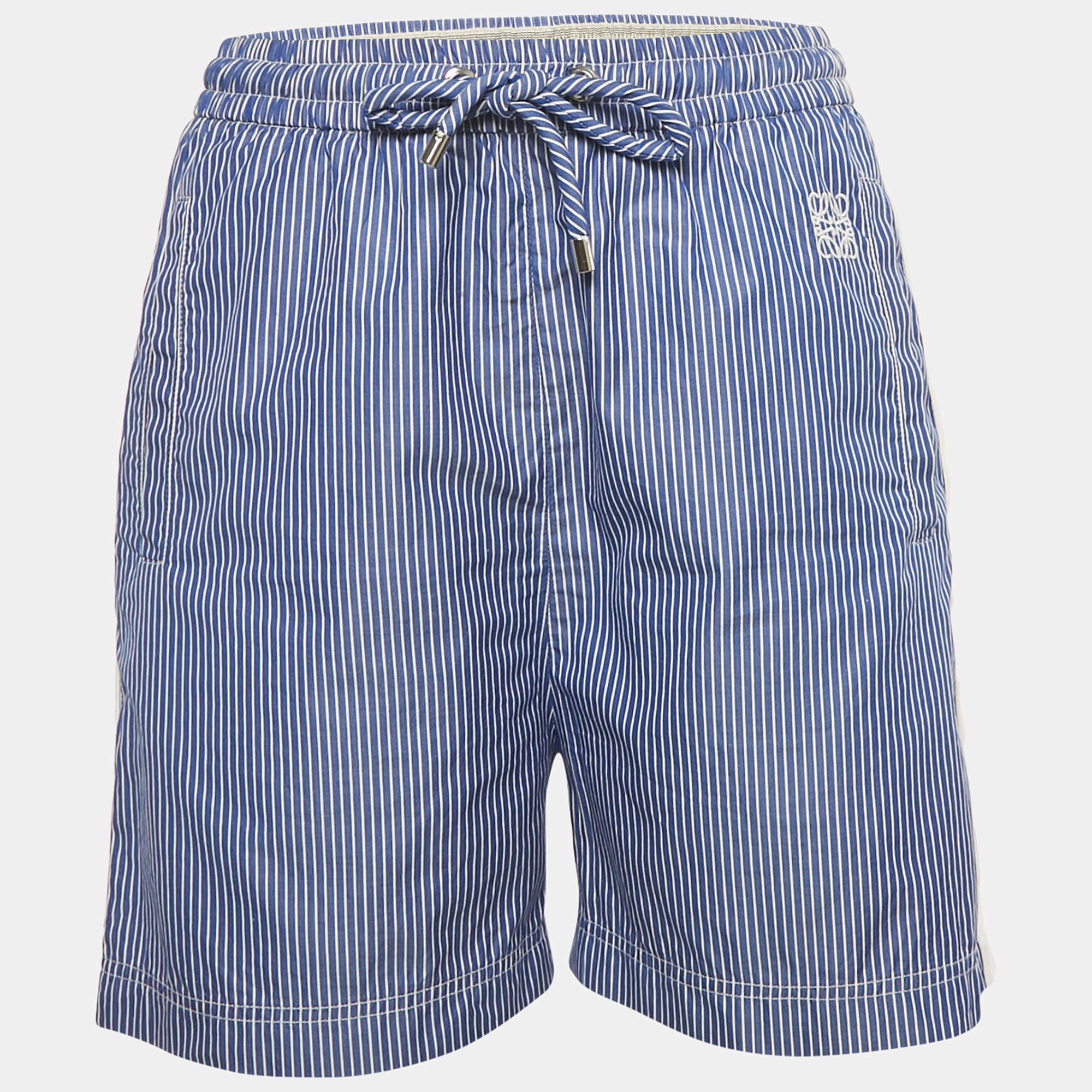 Pre Owned Loewe Blue Stripe Cotton Logo Embroidered Shorts S