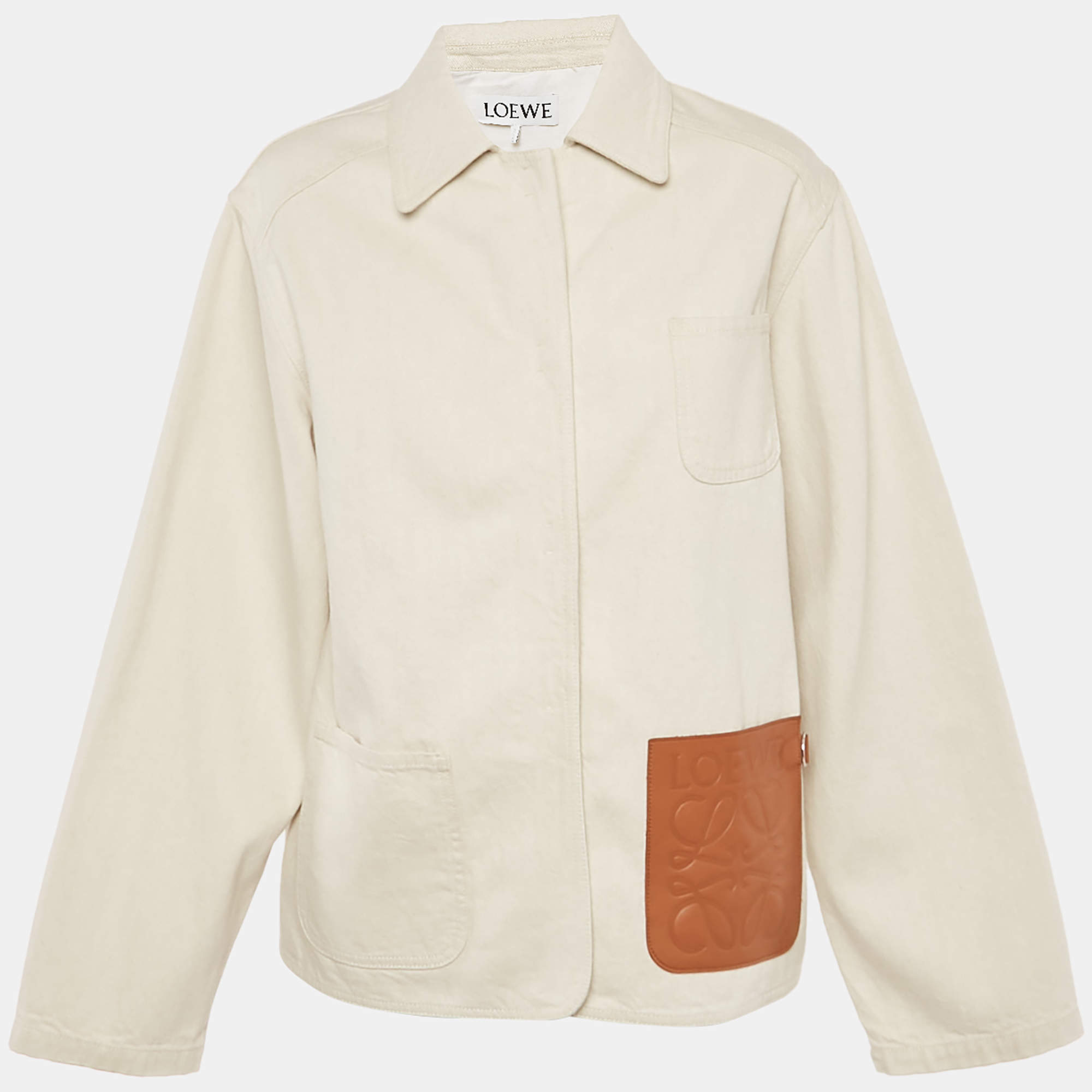 Pre Owned Loewe Ecru Logo Leather Trim Workwear Denim Jacket S