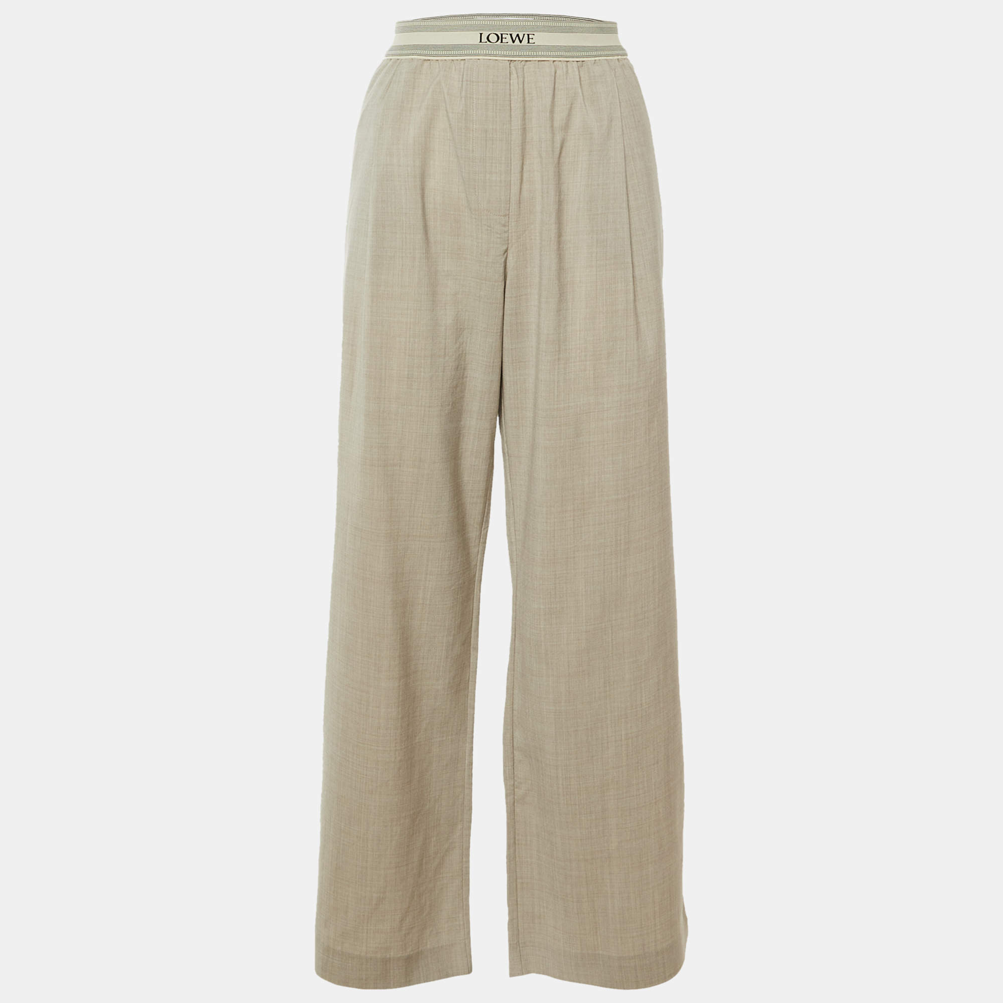 Pre Owned Loewe Beige Wool Logo Brand Wide Leg Trousers L